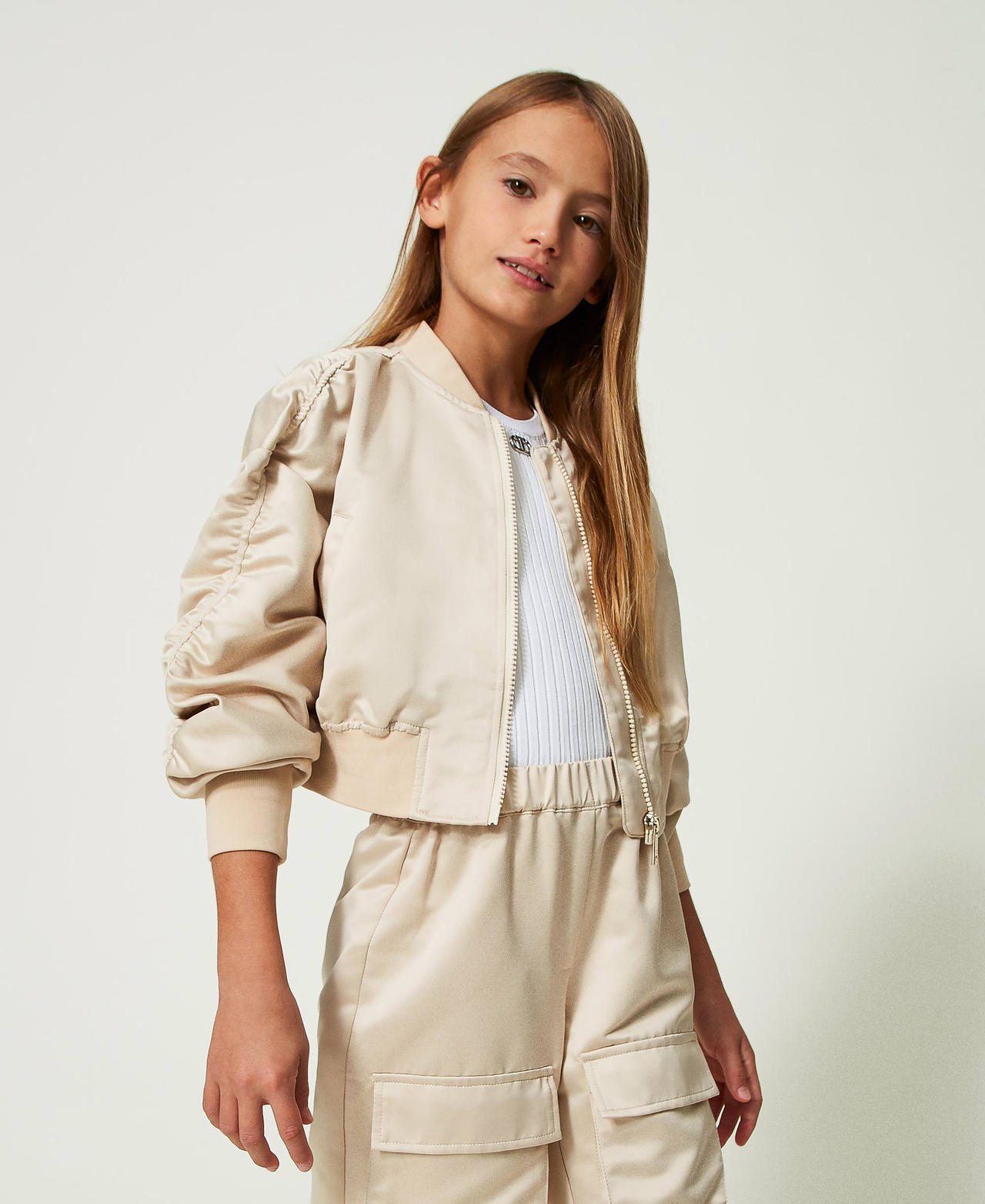Gathered satin bomber jacket Girl Beige TWINSET Milano