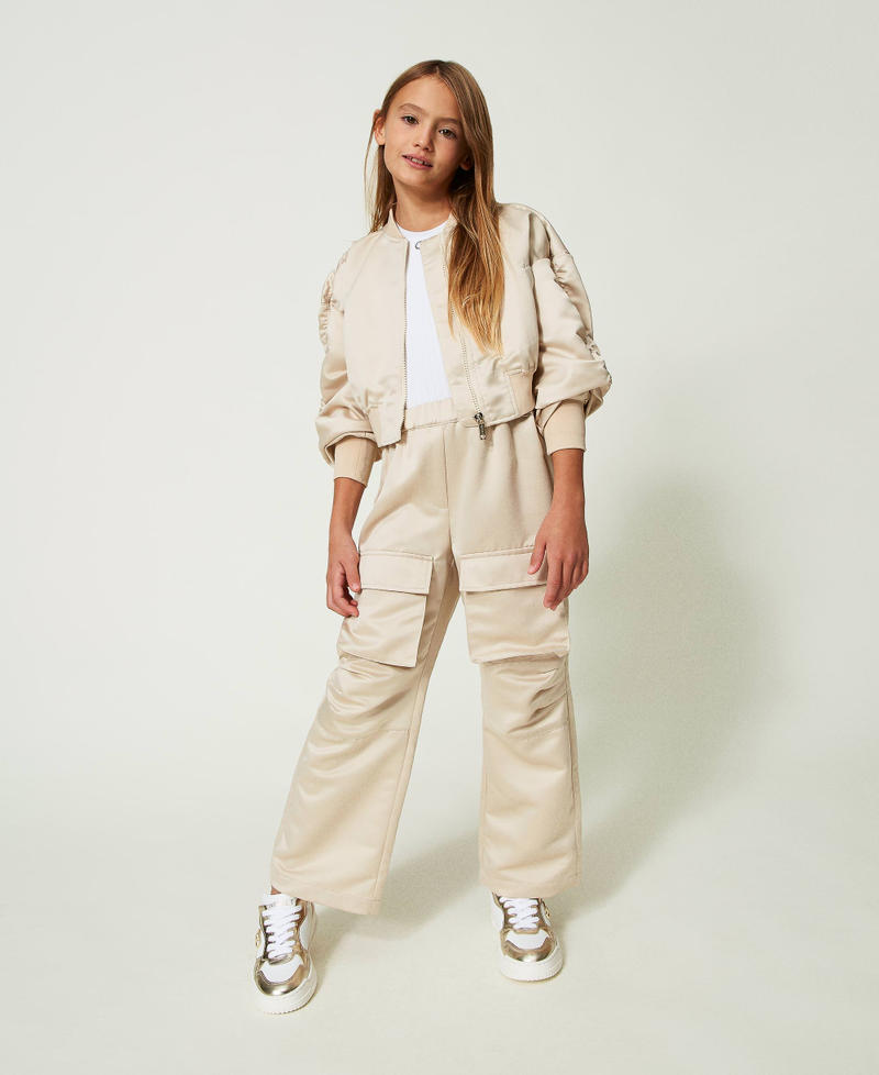 Satin trousers with utility pockets “Oatmeal” Beige Girl 241GJ2102-01