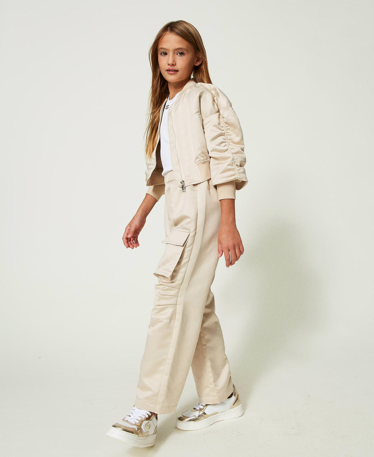 Satin trousers with utility pockets “Oatmeal” Beige Girl 241GJ2102-02
