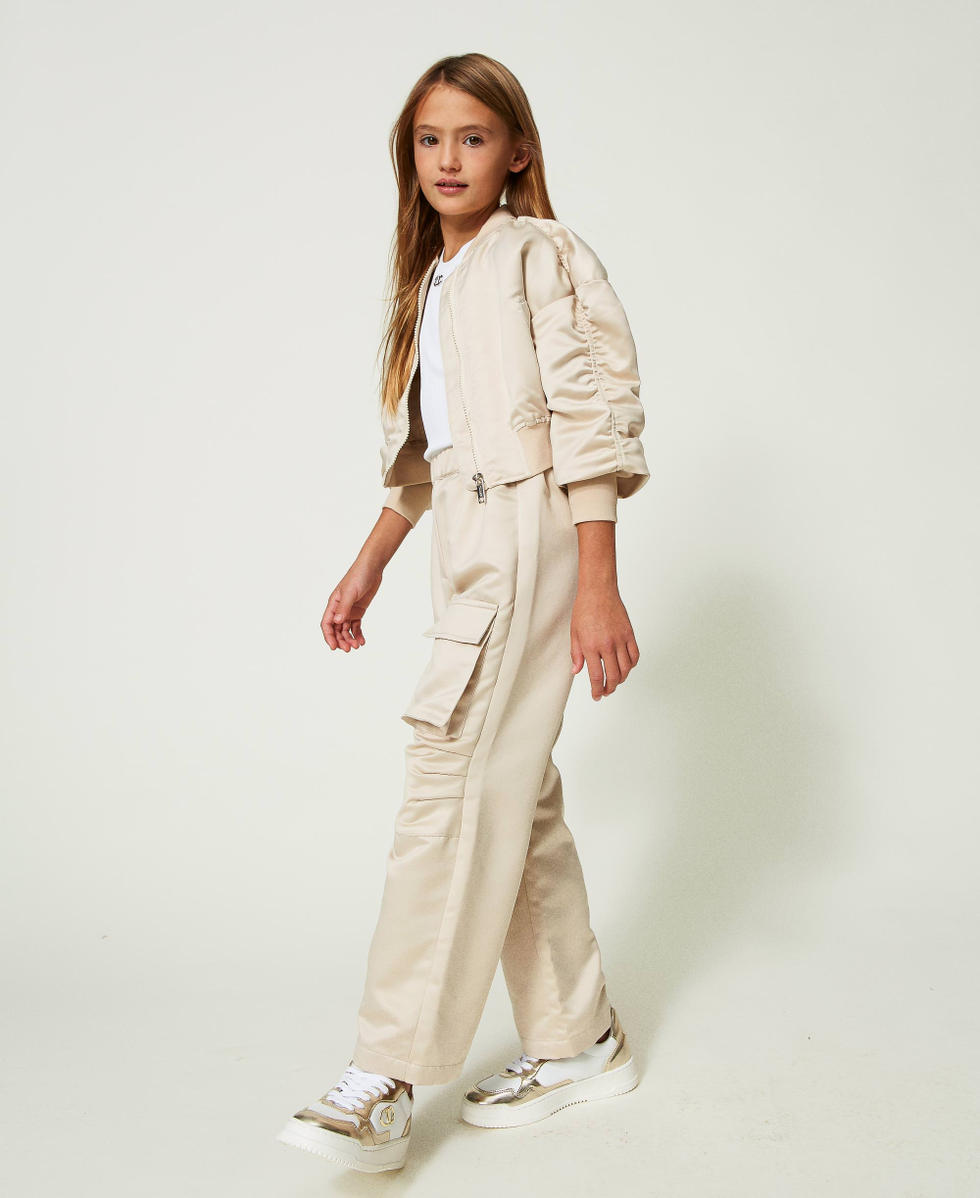 Satin trousers with utility pockets Girl, Beige