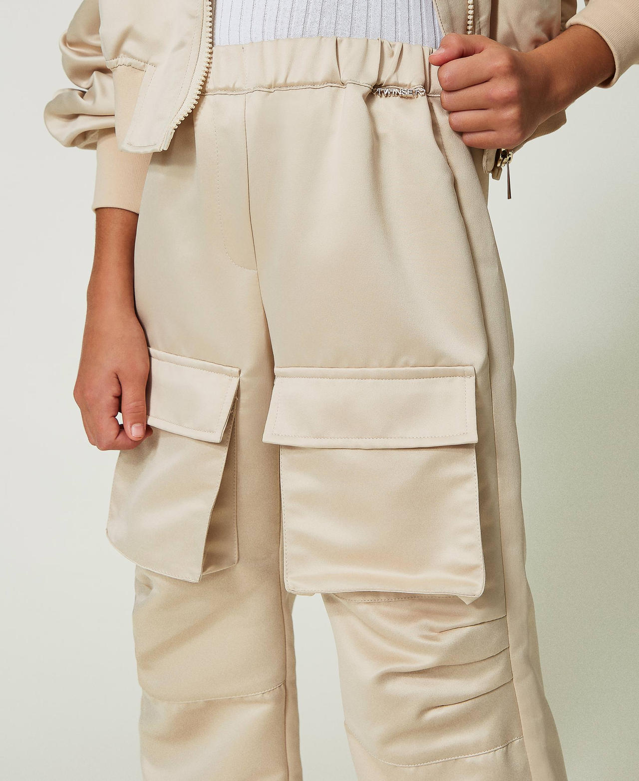Satin trousers with utility pockets Girl, Beige
