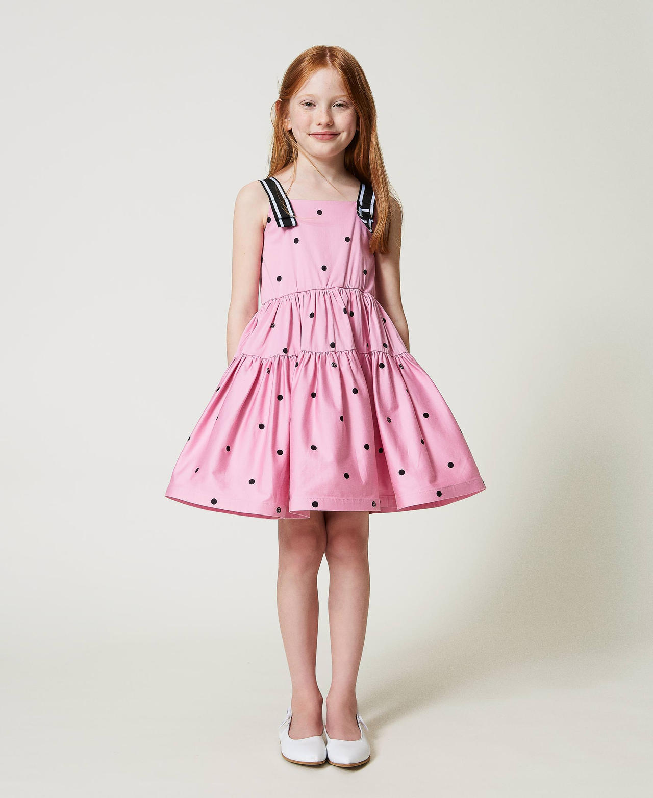 Short polka-dot dress with flounces “Bonbon” Pink / Black Polka Dot Print Girl 241GJ2130-02