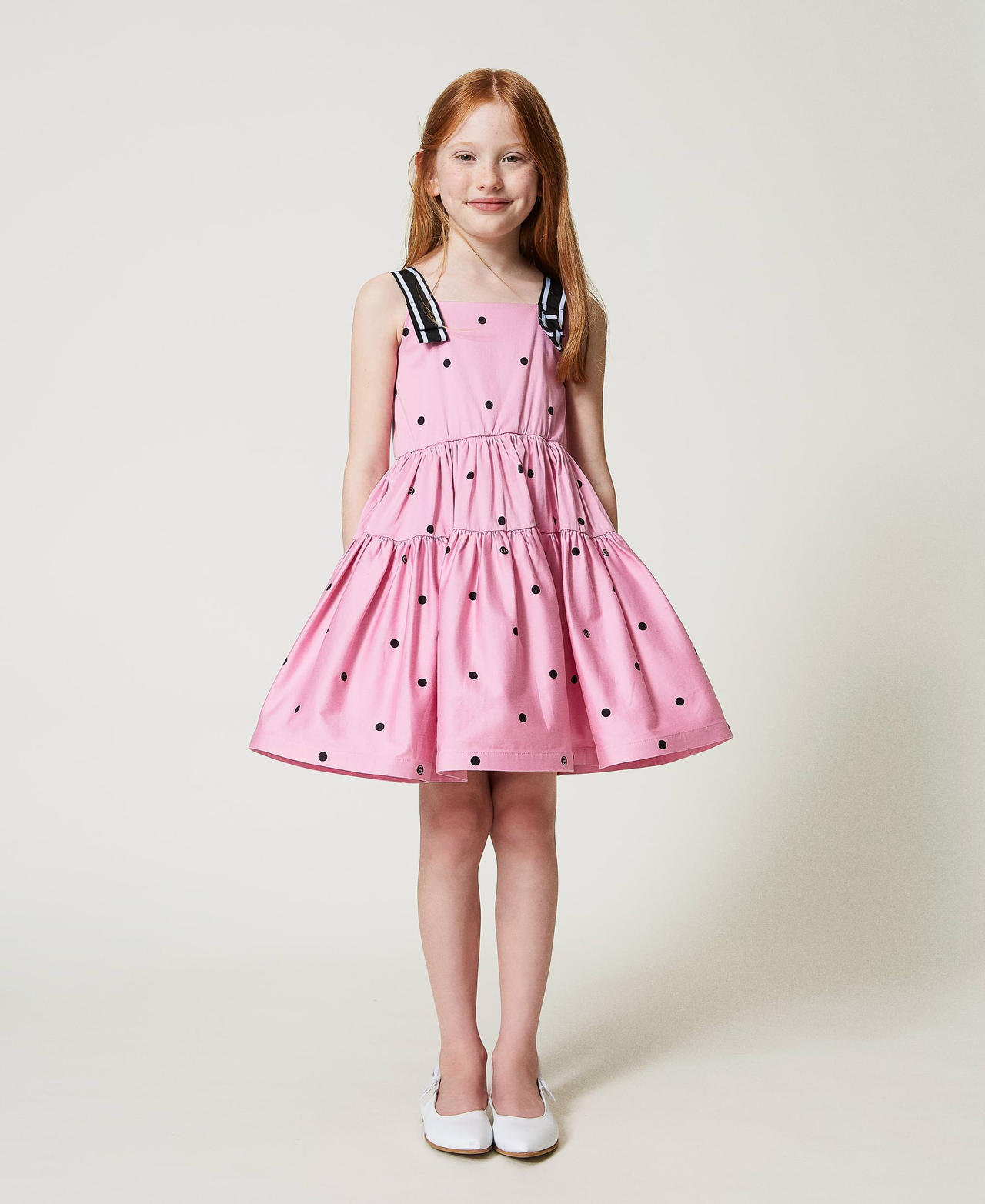 Short polka-dot dress with flounces “Bonbon” Pink / Black Polka Dot Print Girl 241GJ2130_11287_02