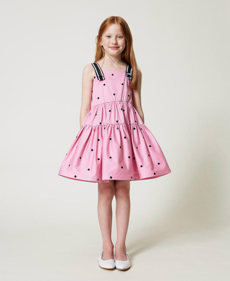 Robe courte à pois avec volants Imprimé Rose « Bonbon »/Pois Noir Fille 241GJ2130-02