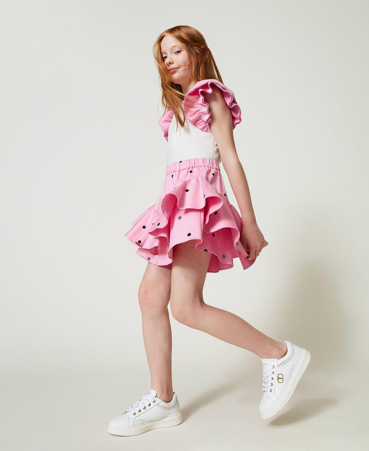 Polka-dot shorts with flounces “Bonbon” Pink / Black Polka Dot Print Girl 241GJ2132-02