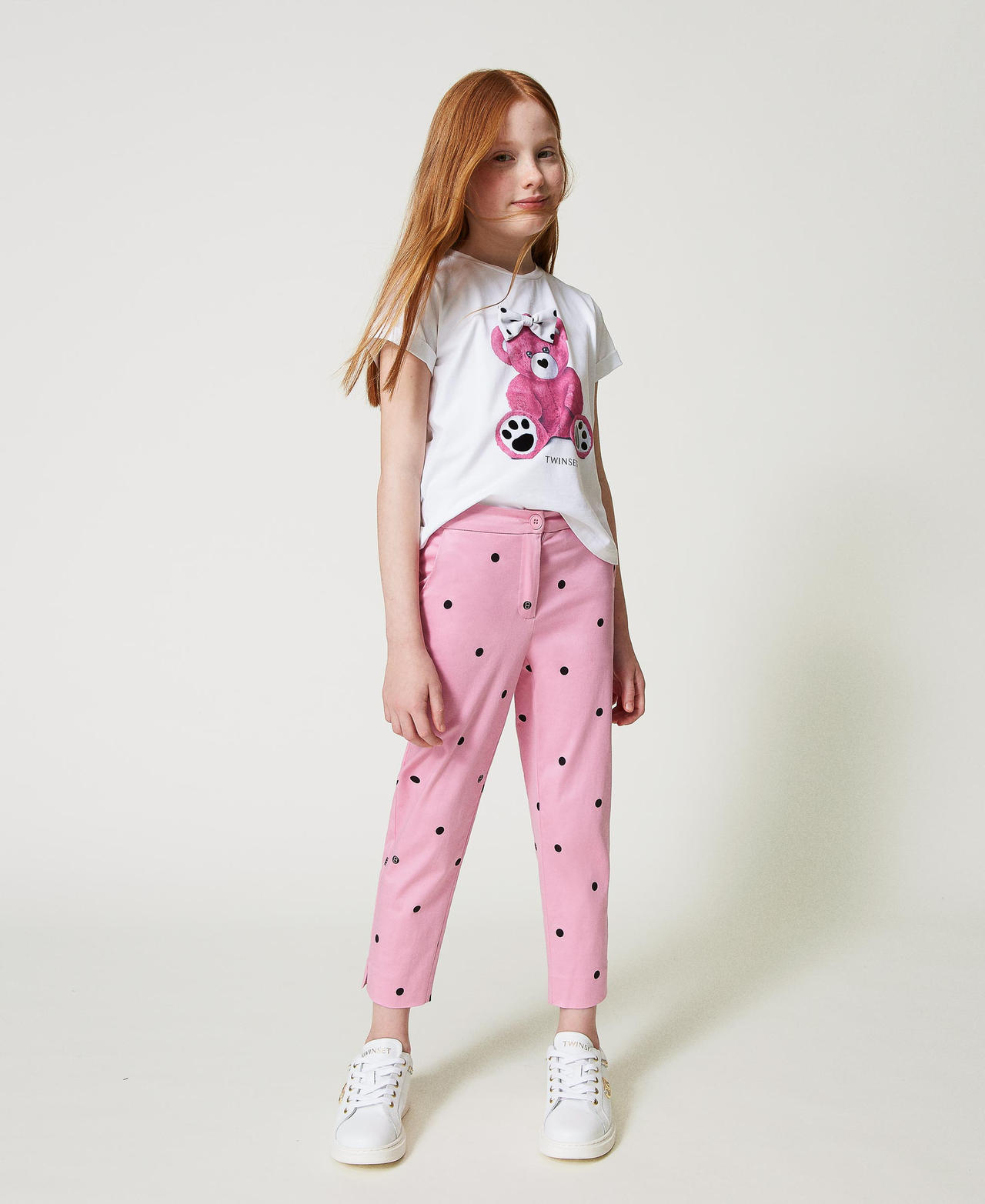 Polka-dot cigarette trousers “Bonbon” Pink / Black Polka Dot Print Girl 241GJ2133-02