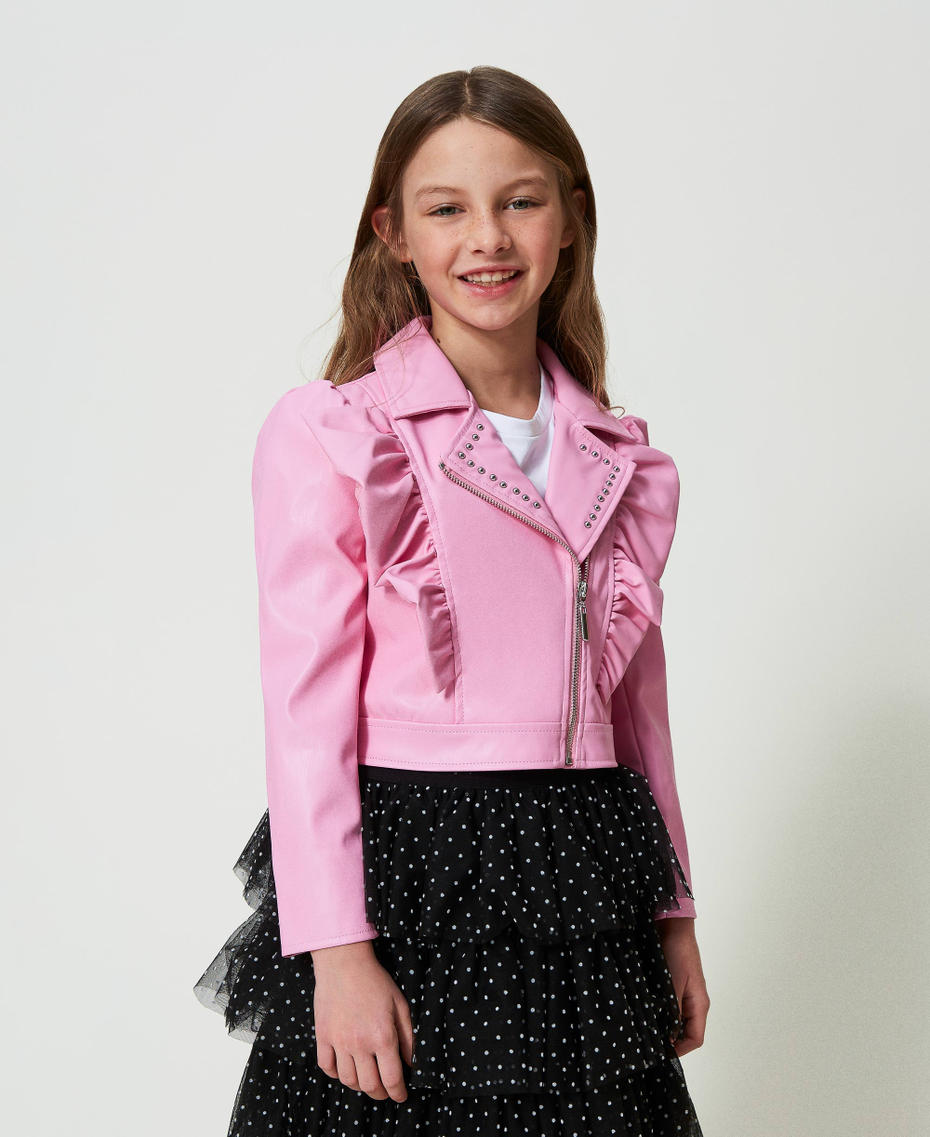 Leather-like biker jacket with ruffles