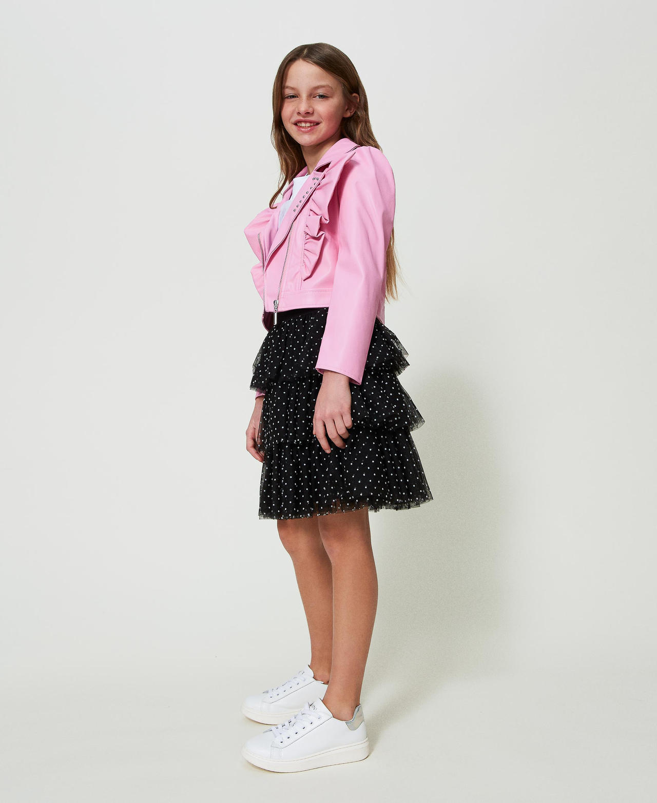 Leather-like biker jacket with ruffles
