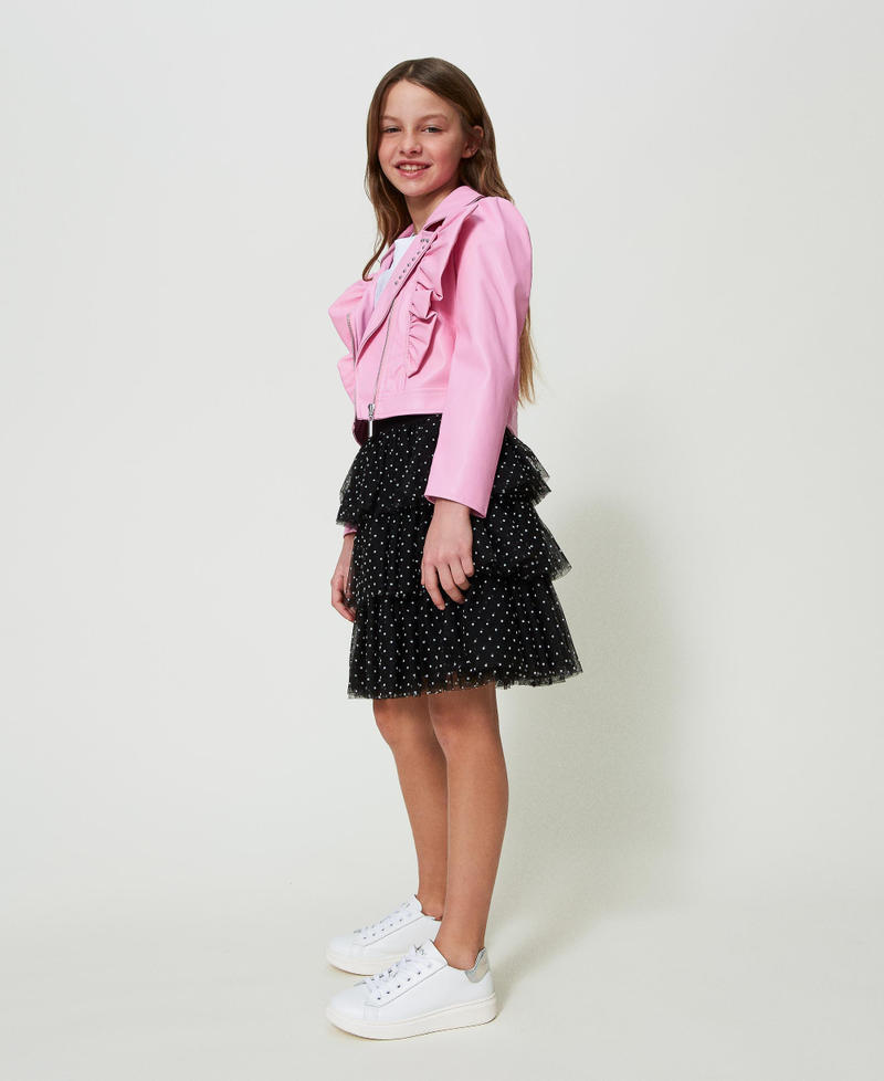 Leather-like biker jacket with ruffles