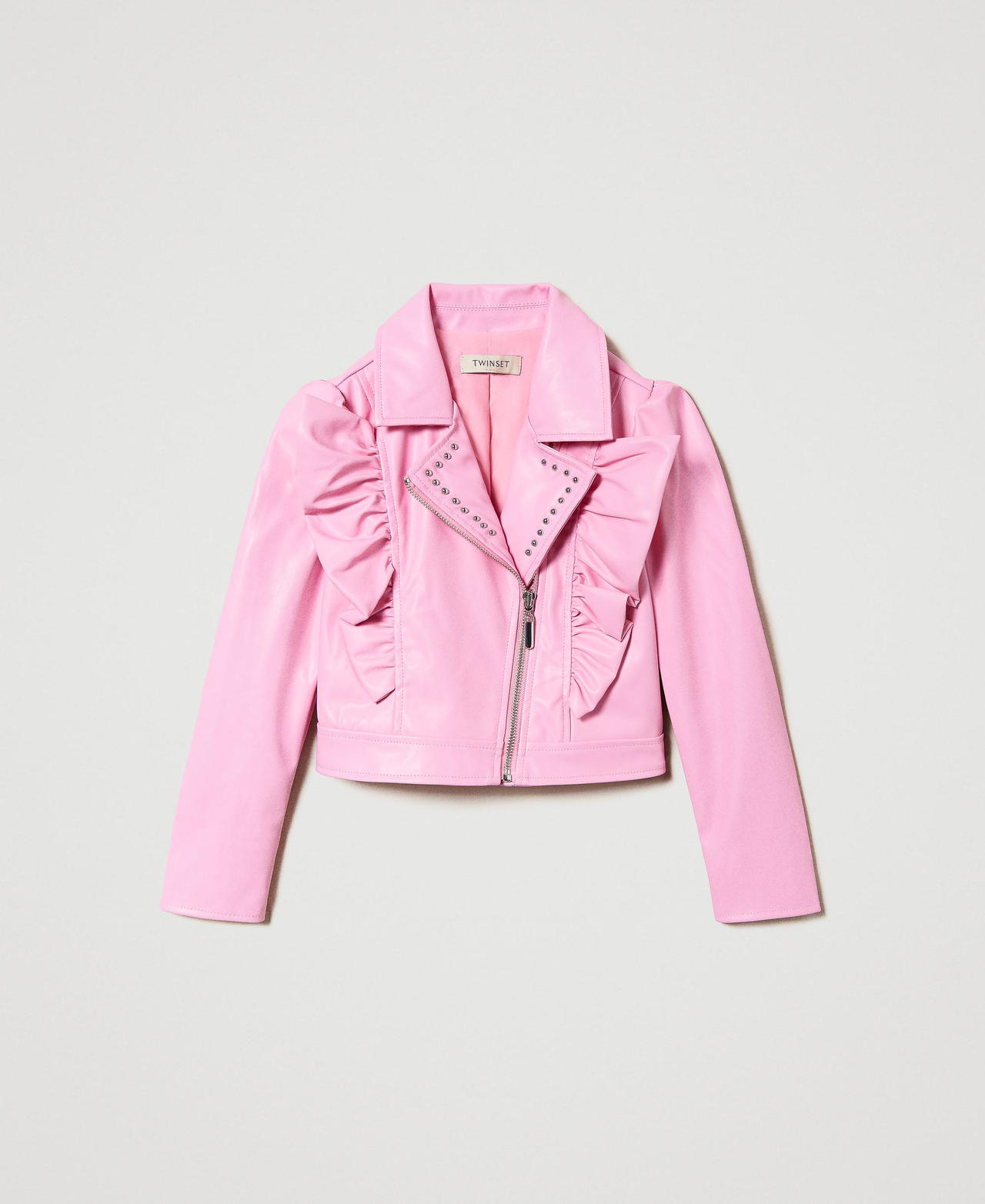 Байкерская куртка с имитацией натуральной кожи c оборками Розовый "Конфета" Девочка 241GJ2141-0S