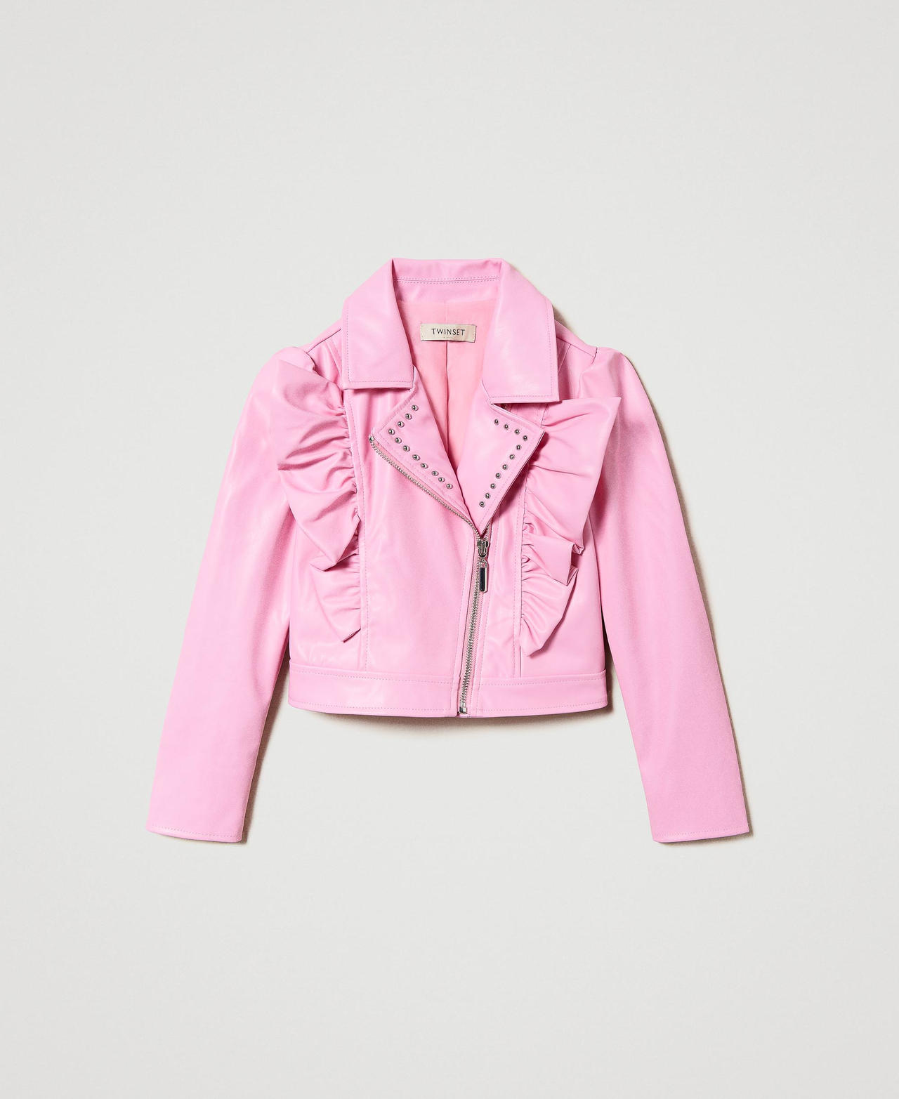 Leather-like biker jacket with ruffles