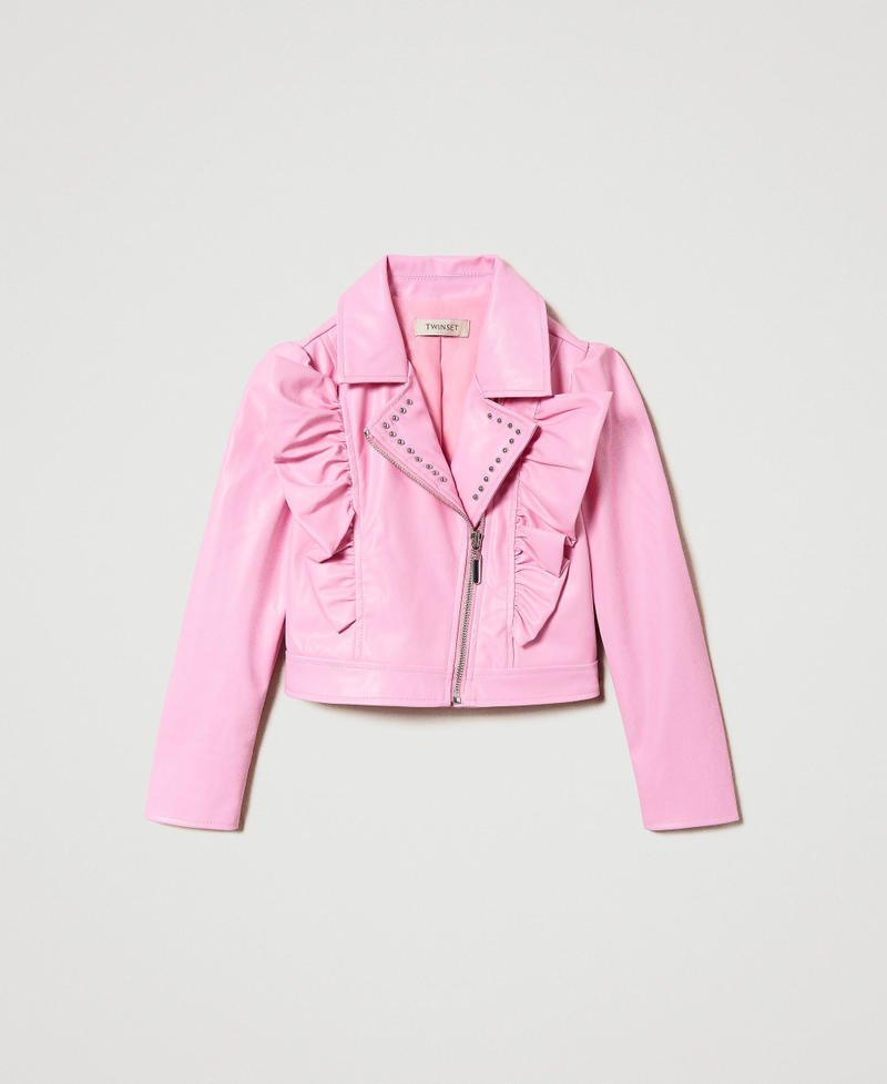 Leather-like biker jacket with ruffles