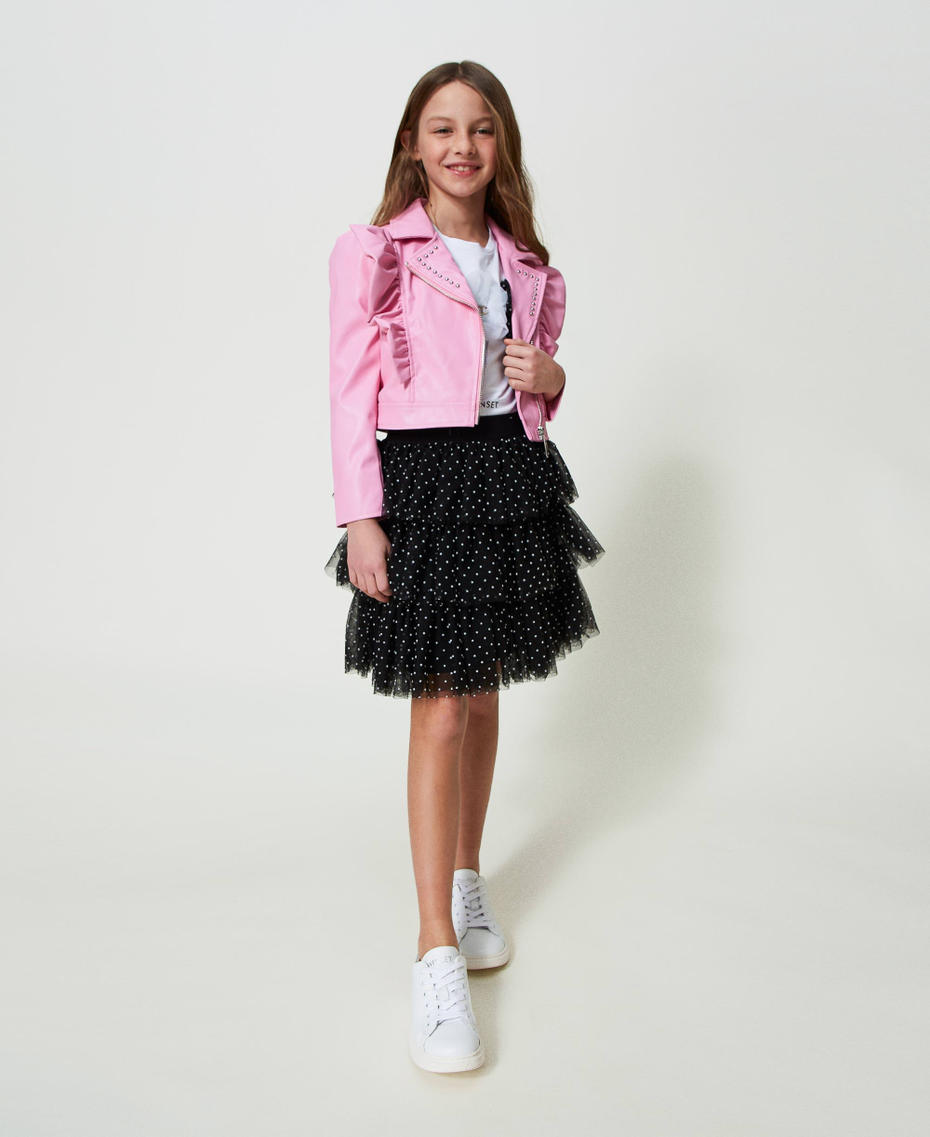 Байкерская куртка с имитацией натуральной кожи c оборками Розовый "Конфета" Девочка 241GJ2141-0T