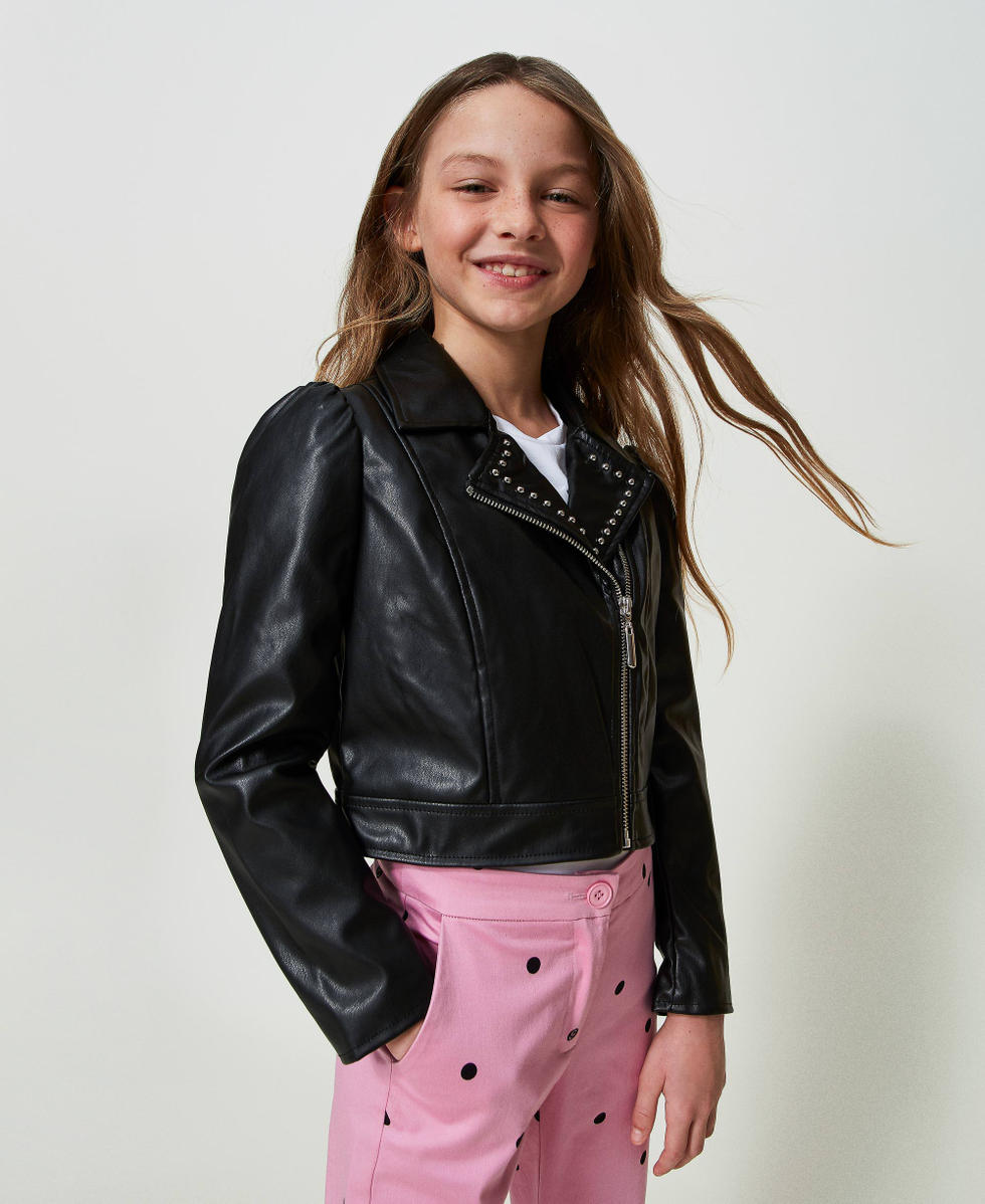 Leather-like biker jacket with studs Girl, Black | TWINSET