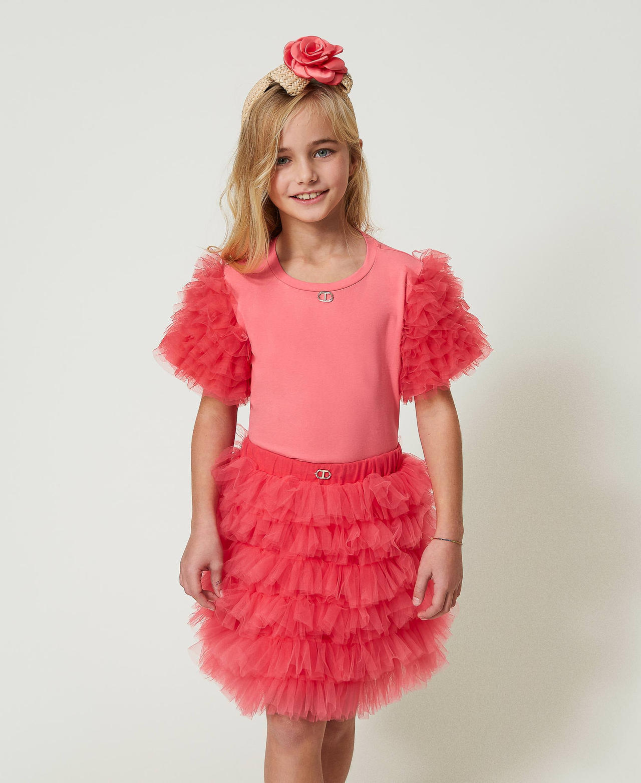Короткая юбка из тюля с оборками Розовый "Розовая Камелия" Девочка 241GJ2151-02