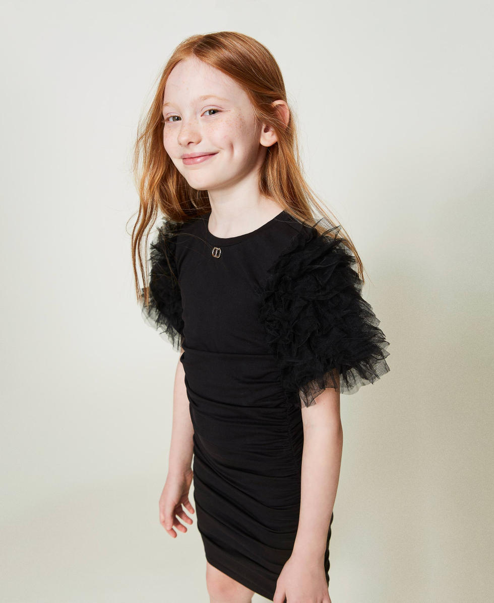 Kurzes Kleid mit Faltenwurf und T&uuml;ll Schwarz M&auml;dchen 241GJ2152_00006_02