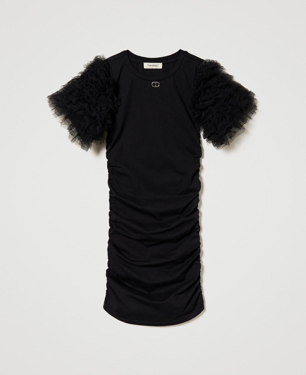 Kurzes Kleid mit Faltenwurf und T&uuml;ll Schwarz M&auml;dchen 241GJ2152_00006_S0