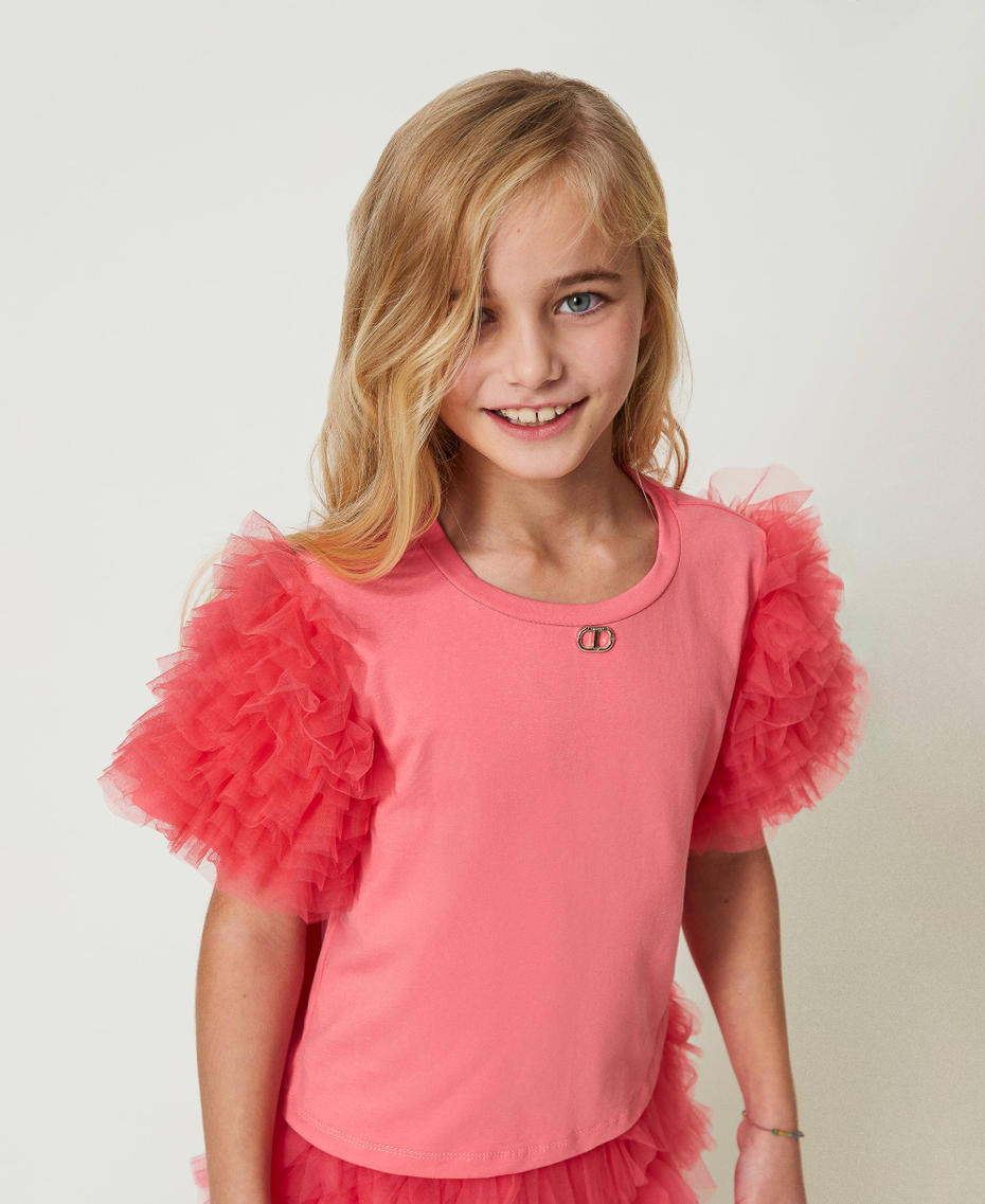 T-shirt with flounced tulle sleeves