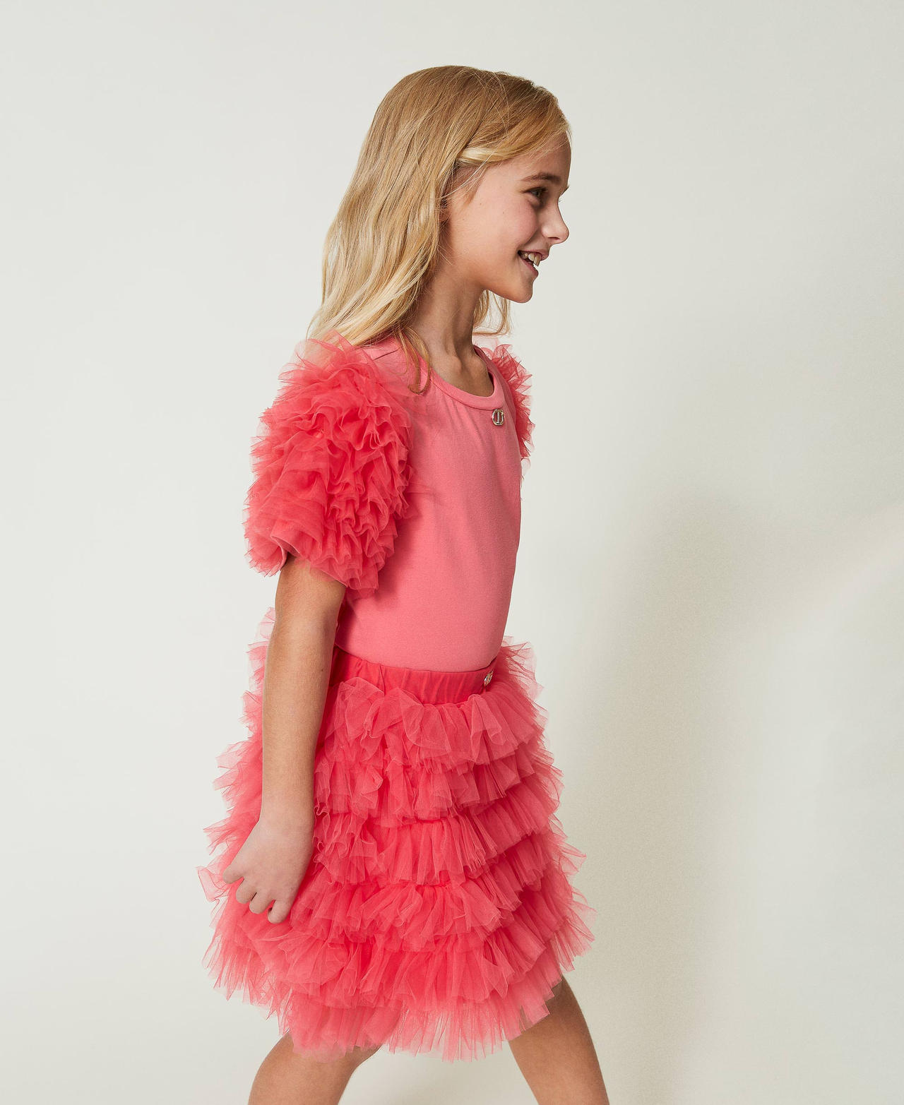 T-shirt with flounced tulle sleeves