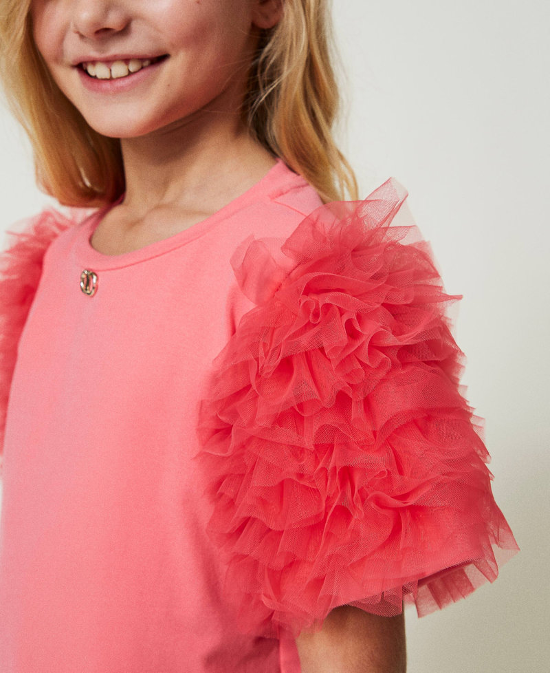 T-shirt with flounced tulle sleeves "Camellia Rose” Pink Girl 241GJ2153-04