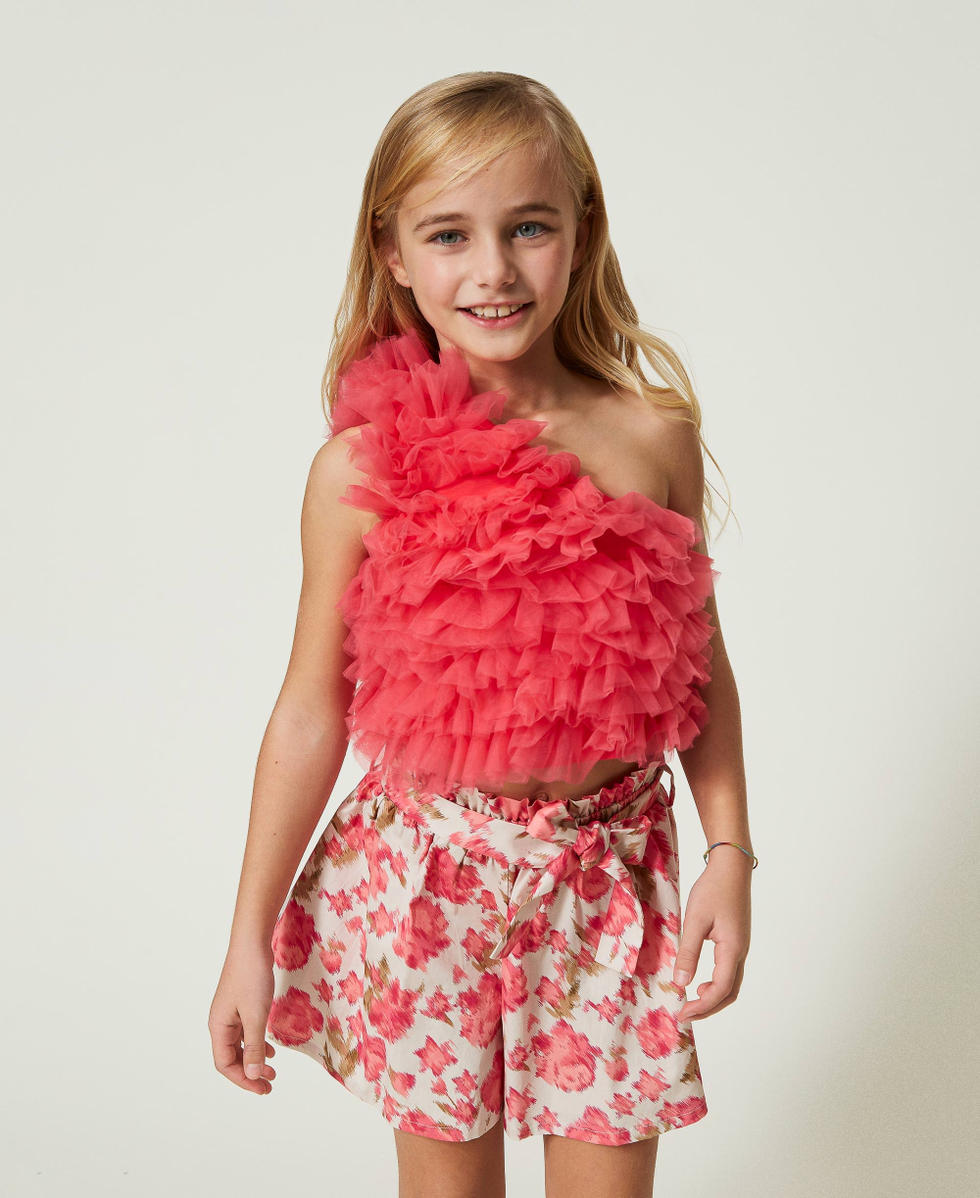 Flounced tulle one-shoulder top