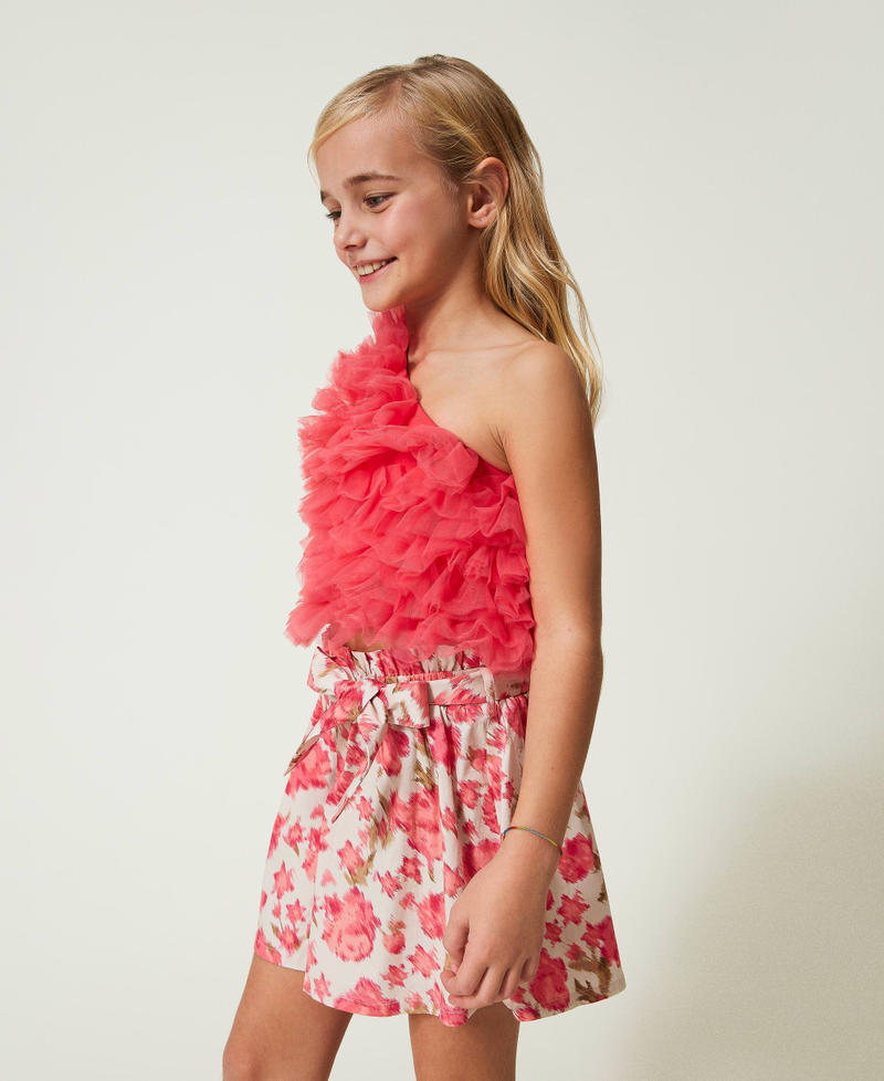 Flounced tulle one-shoulder top