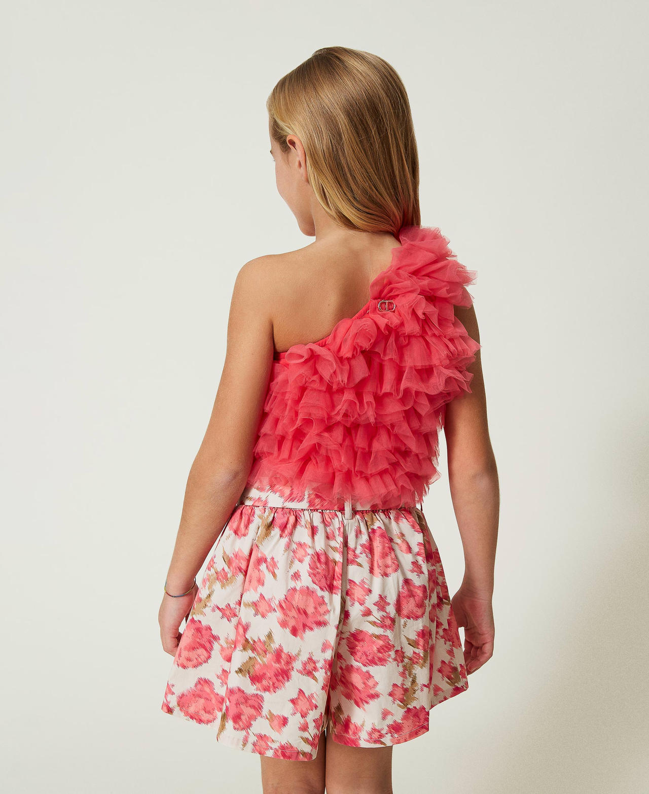 Flounced tulle one-shoulder top "Camellia Rose” Pink Girl 241GJ2155-03