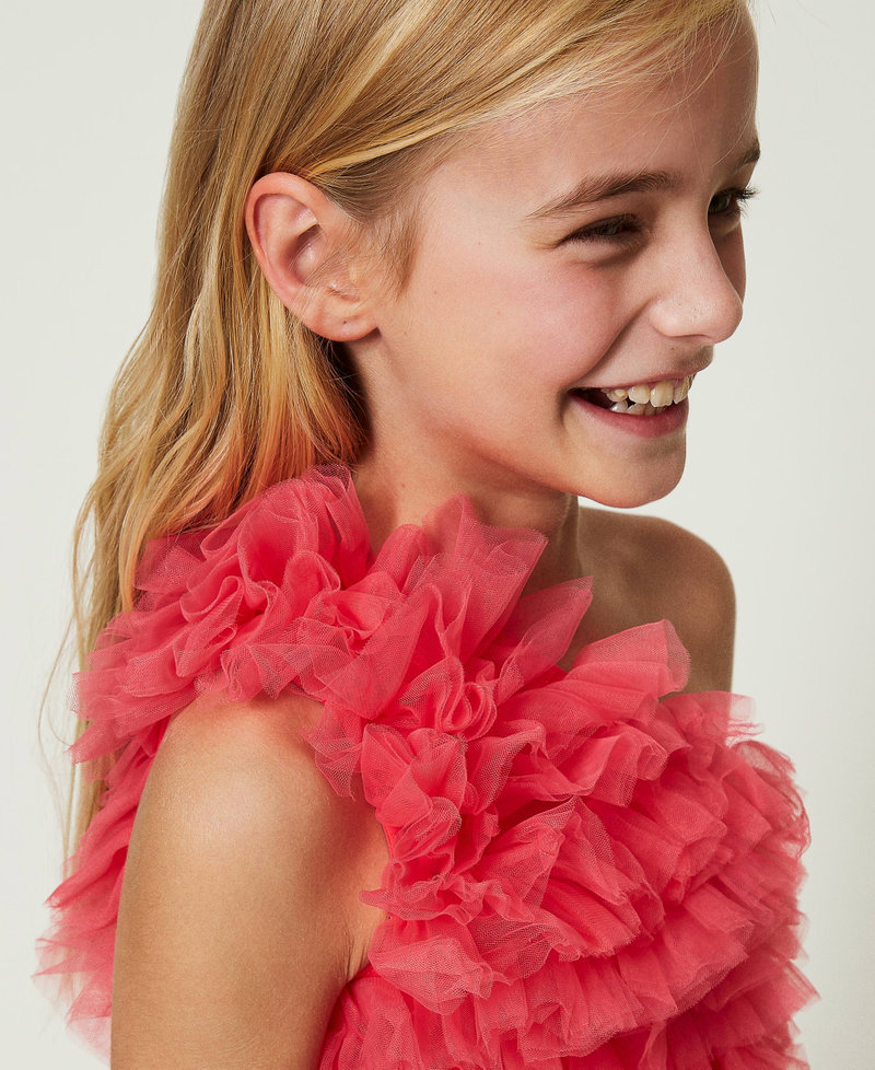 Flounced tulle one-shoulder top "Camellia Rose” Pink Girl 241GJ2155-04