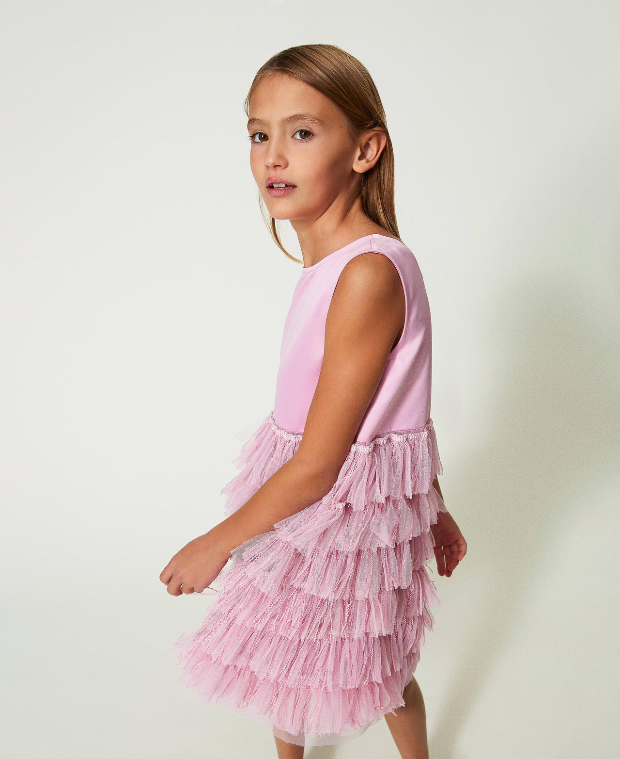 Vestido corto de duquesa y tul Rosa "Bonbon" Ni&ntilde;a 241GJ2170_11273_02