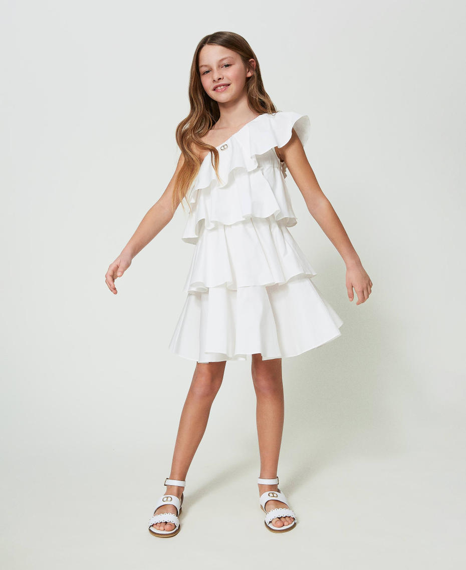 One-shoulder poplin dress with flounces "Lucent White" Girl 241GJ2201-01