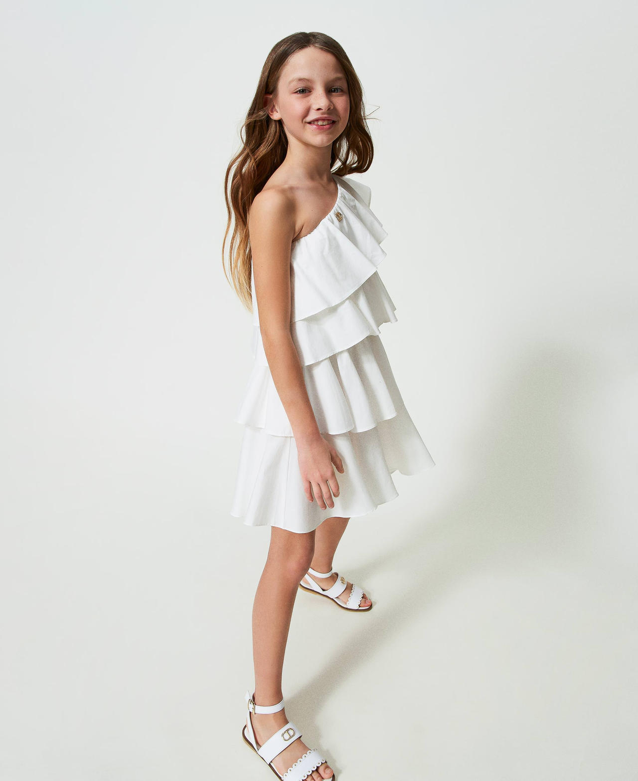 One-shoulder poplin dress with flounces "Lucent White" Girl 241GJ2201-02