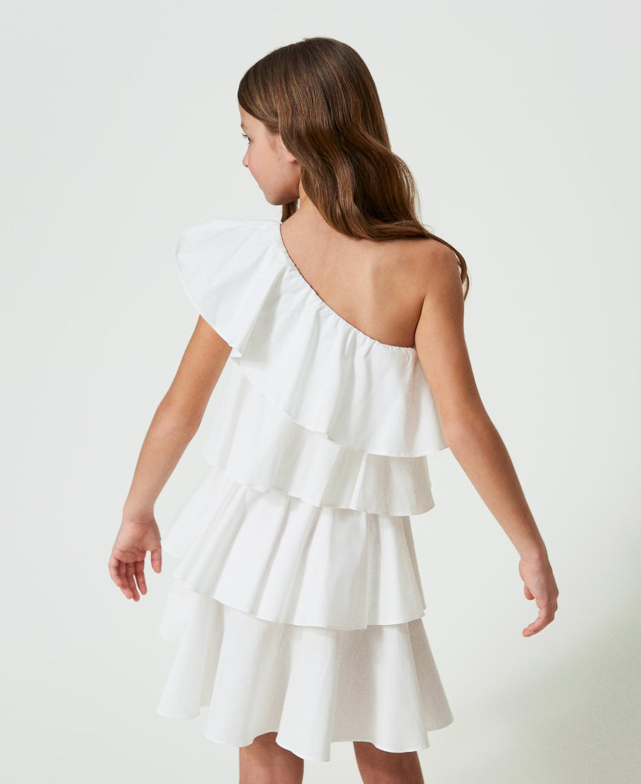 One-shoulder poplin dress with flounces "Lucent White" Girl 241GJ2201-03