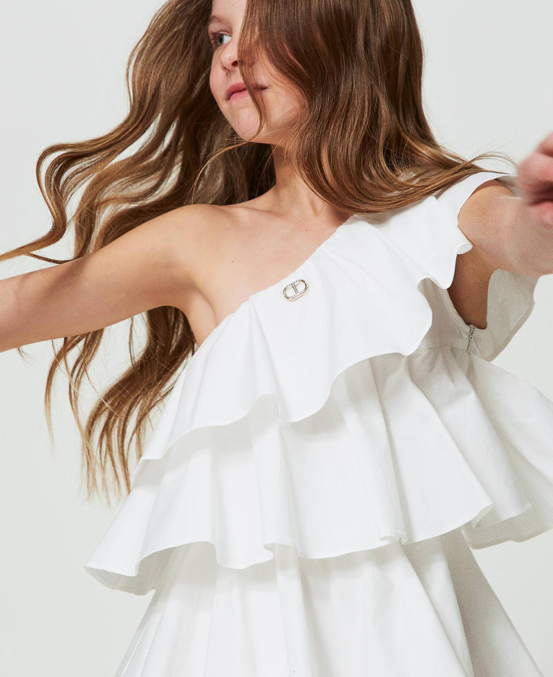 One-shoulder poplin dress with flounces "Lucent White" Girl 241GJ2201-04
