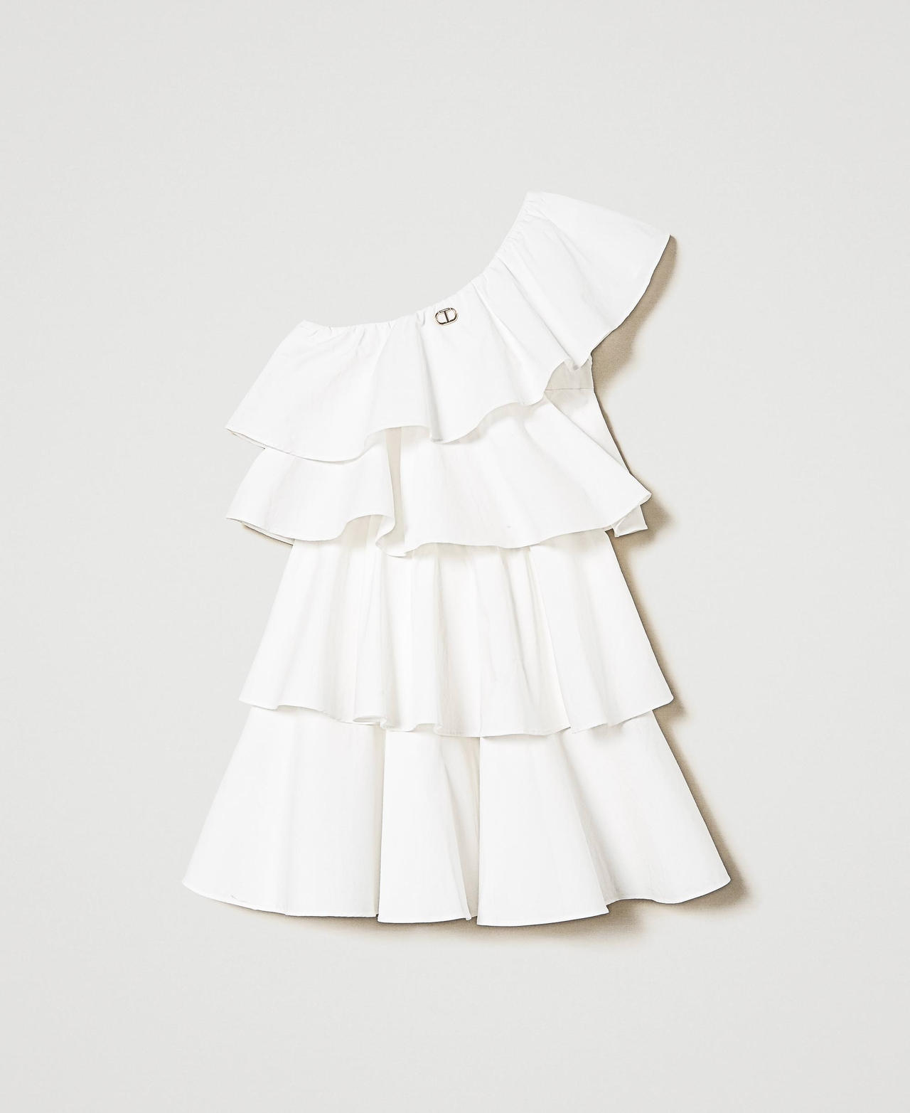One-shoulder poplin dress with flounces