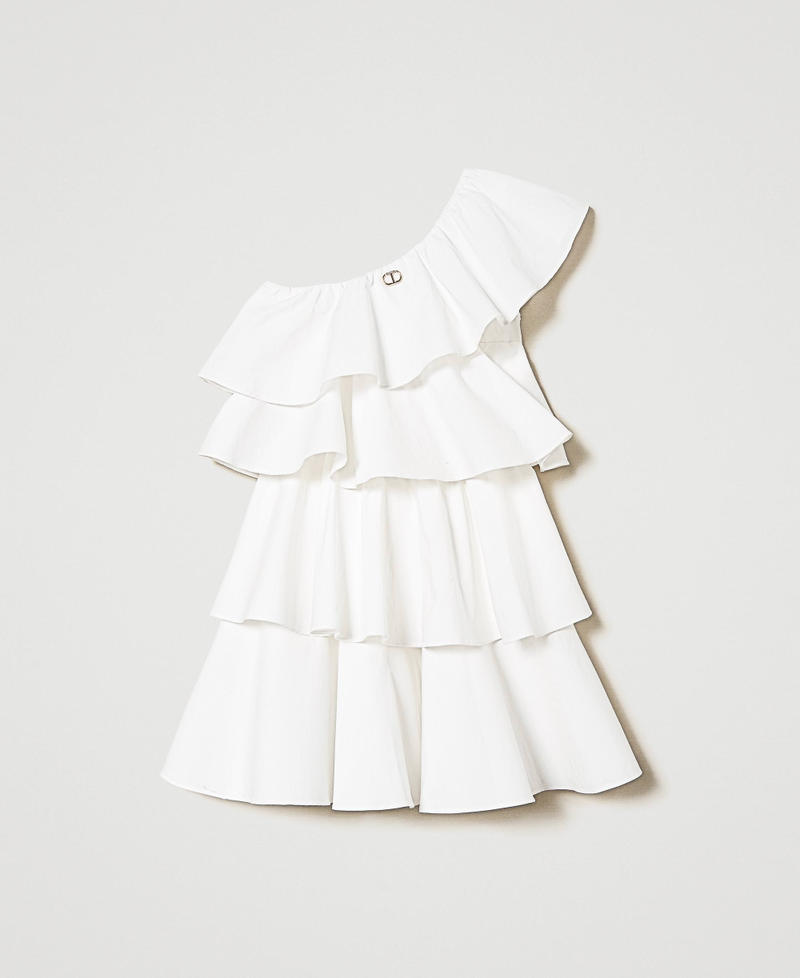 One-shoulder poplin dress with flounces "Lucent White" Girl 241GJ2201-0S