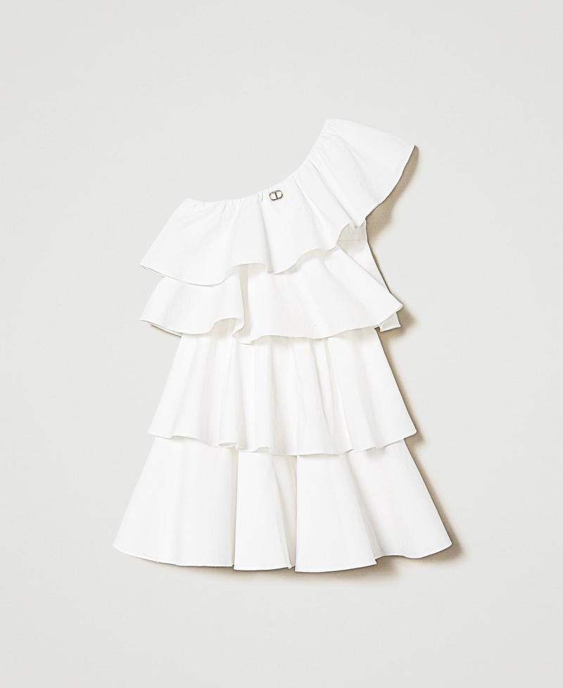 One-shoulder poplin dress with flounces