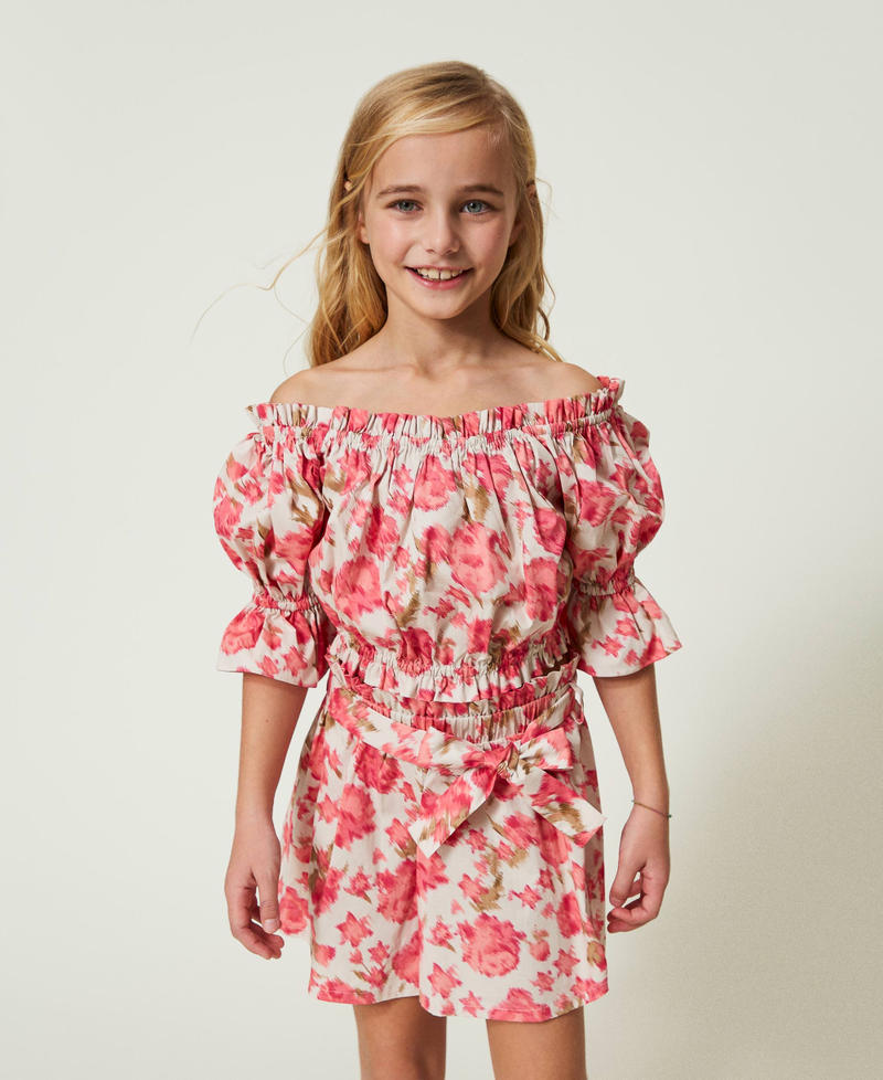 Блузка и шорты из поплина с цветочным принтом Принт Цветы Розовые Камелии Девочка 241GJ221C-02