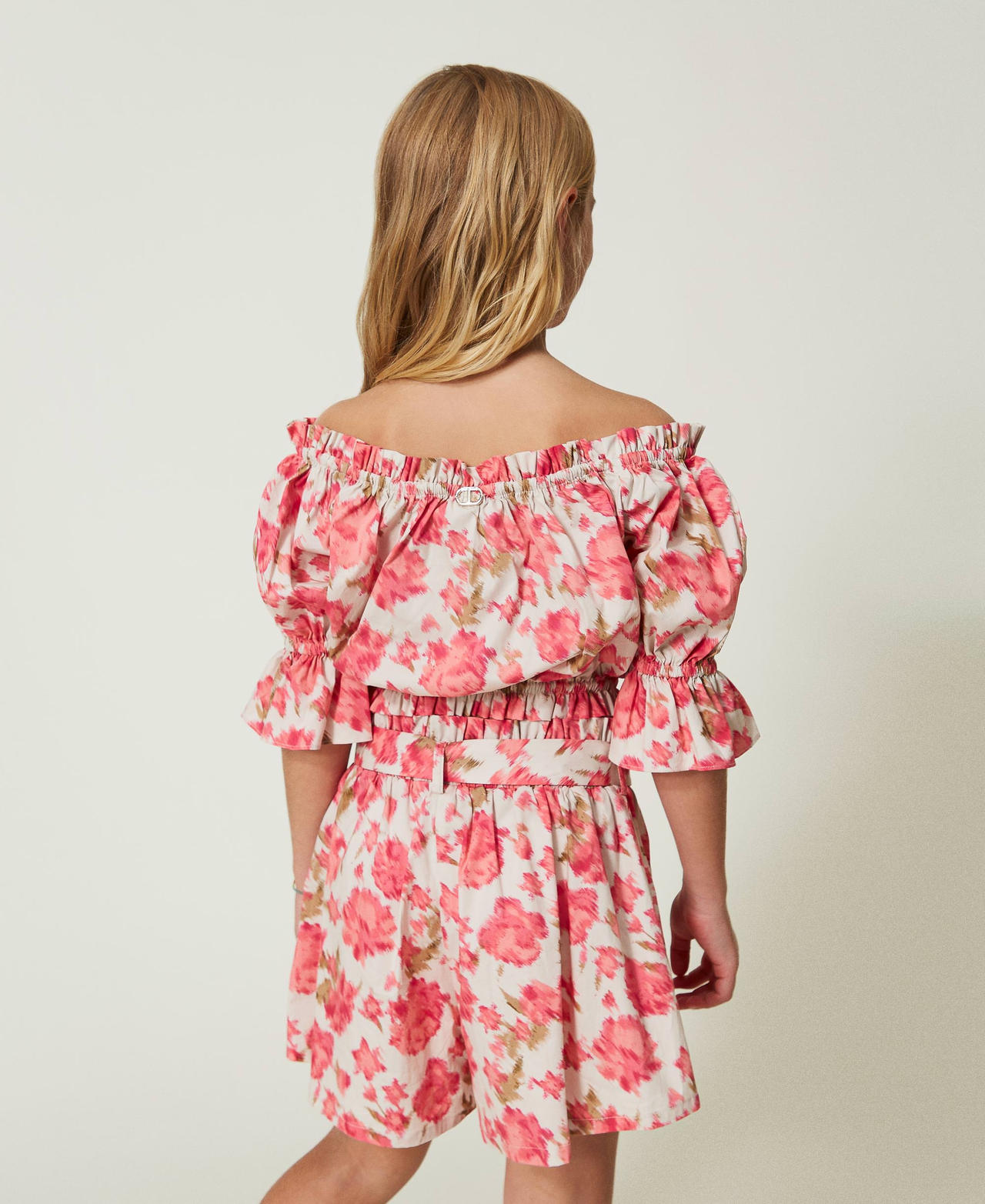 Блузка и шорты из поплина с цветочным принтом Принт Цветы Розовые Камелии Девочка 241GJ221C-03