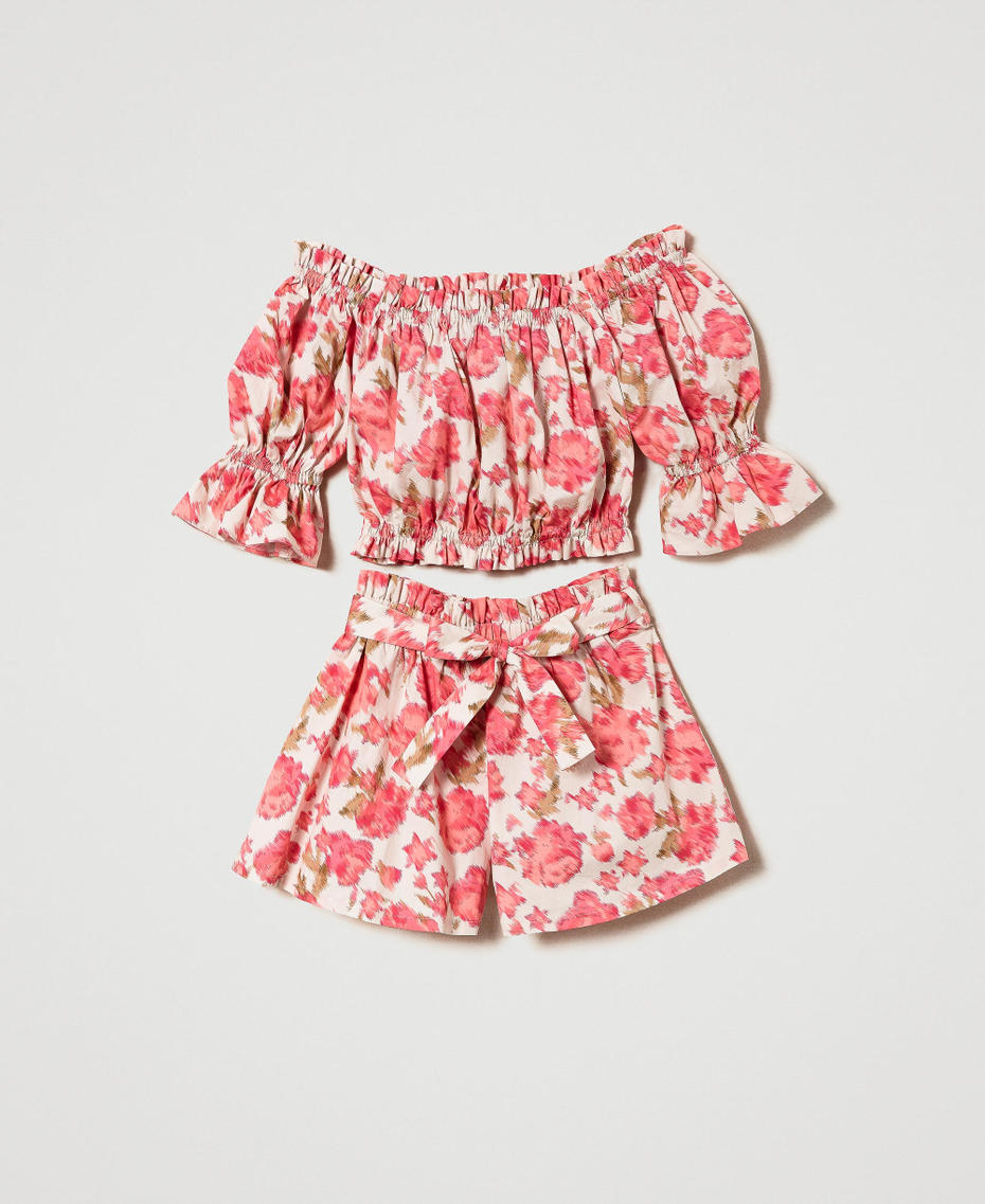 Блузка и шорты из поплина с цветочным принтом Принт Цветы Розовые Камелии Девочка 241GJ221C-0S