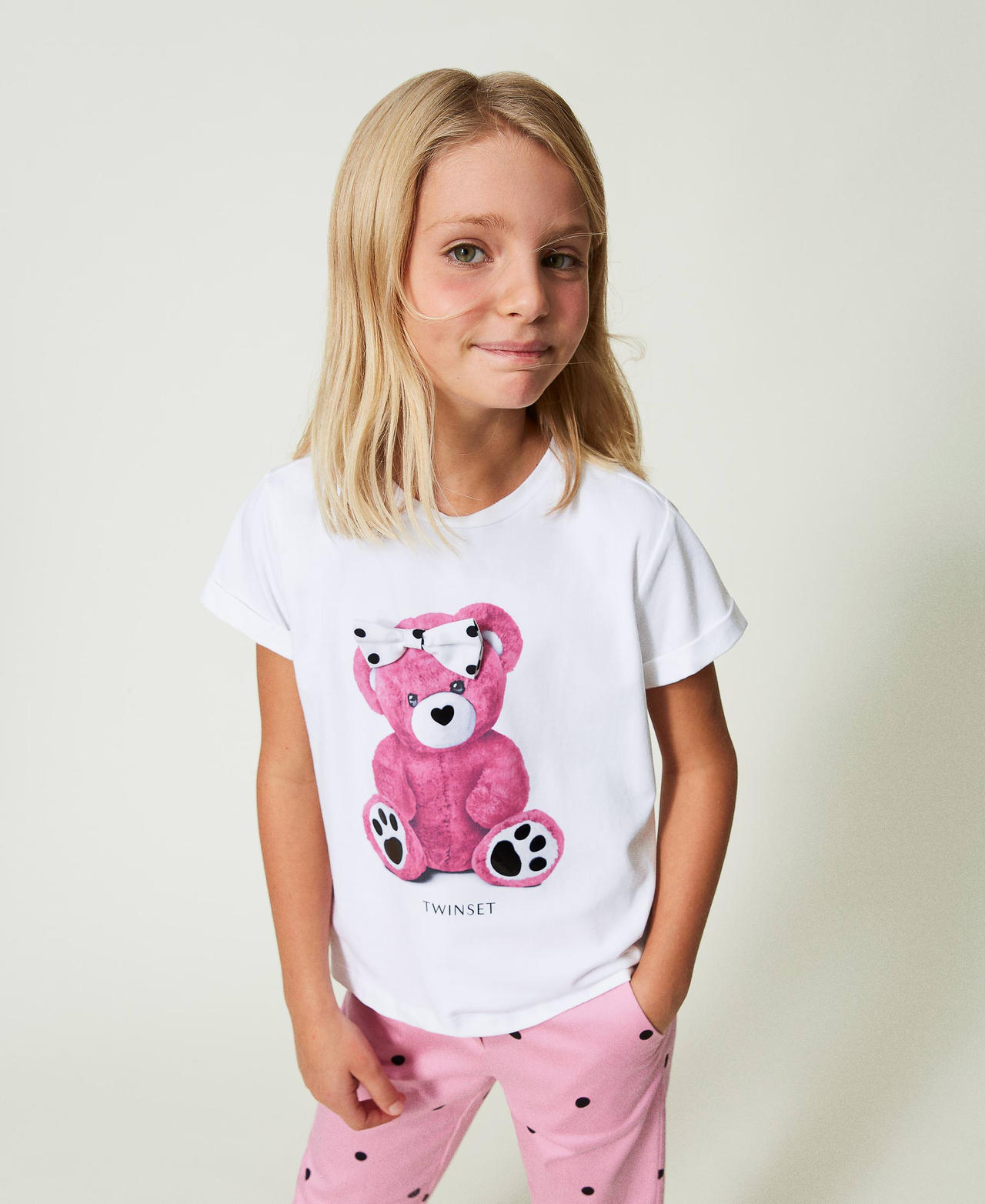 T-shirt con stampa e fiocco a pois Bambina, Bianco | TWINSET Milano