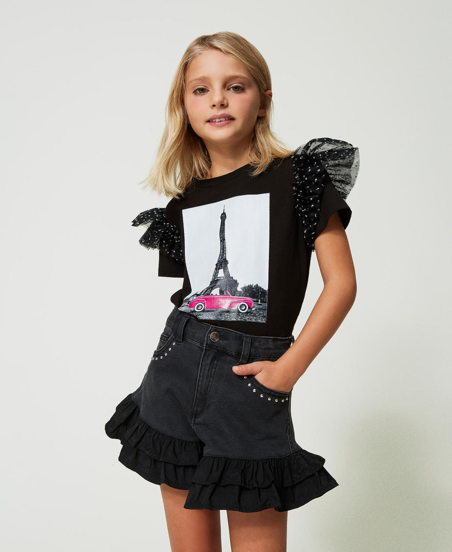 Shorts in jeans nero con volant