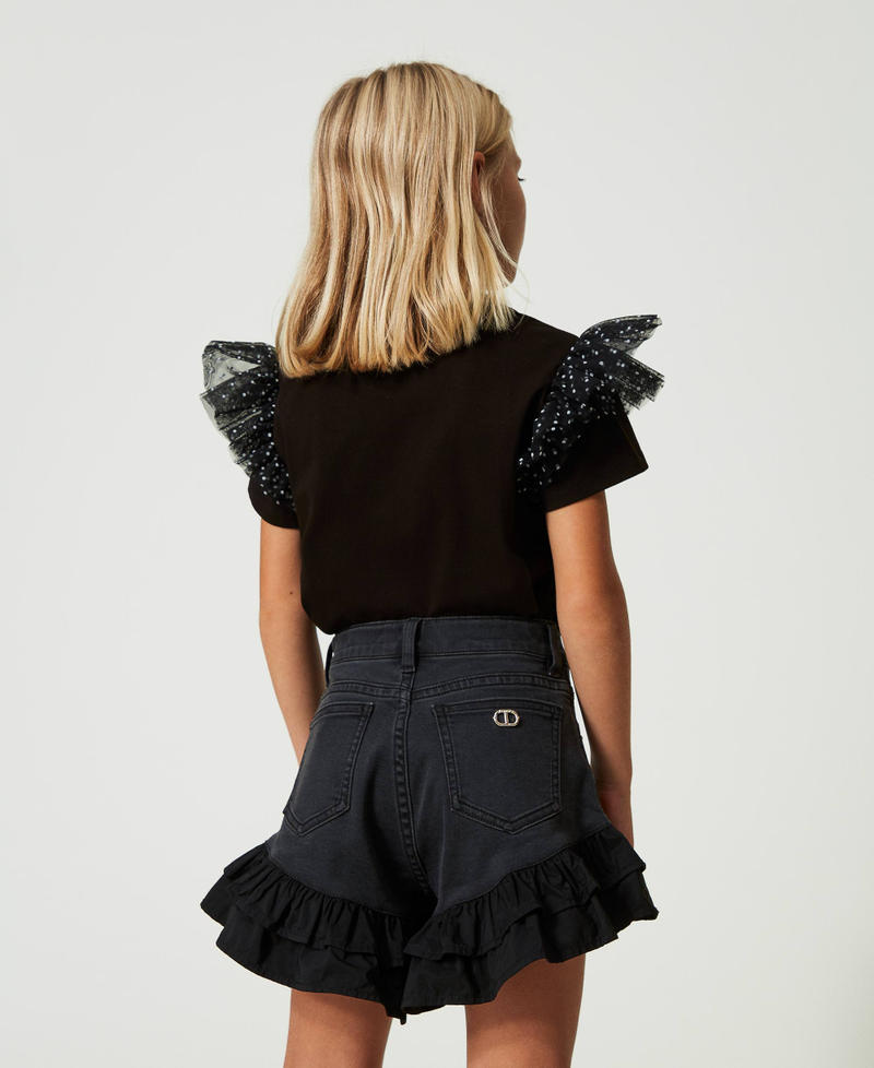 Girls' Elegant Black Striped Top & Denim Shorts Set – Floral Lace Detail main image 1