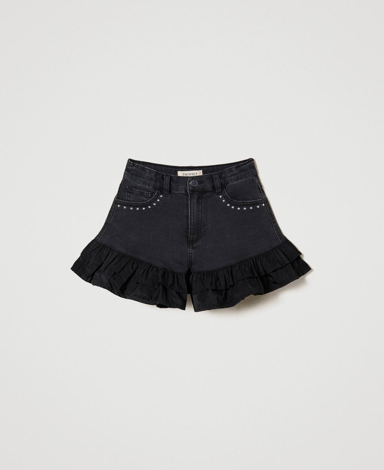 Shorts in jeans nero con volant