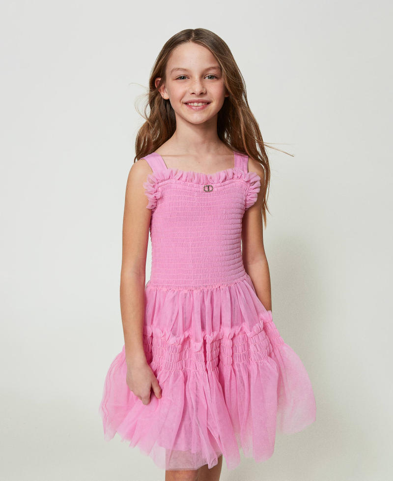 Kurzes Kleid aus Tüll Bonbonrosa Mädchen 241GJ2Q1A-01