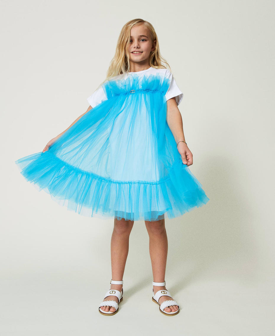 Kurzes Kleid aus Tüll mit Rundhalsausschnitt Zweifarbig Lucent White / Iceland Blue Mädchen 241GJ2Q1C-01