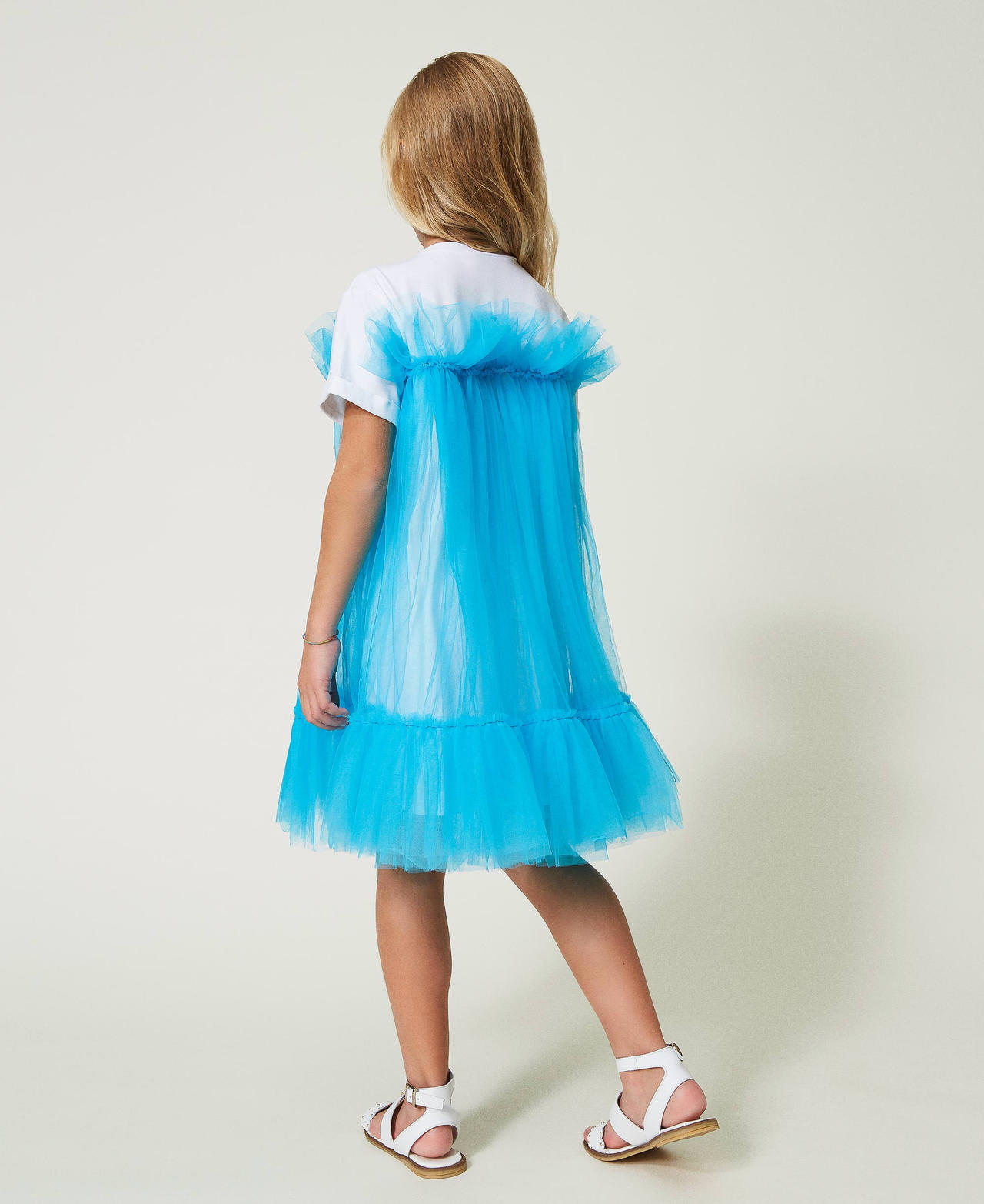 Короткое платье из тюля с круглой горловиной Двухцветный Белый "Сияющий Белый" / Исландский Синий Девочка 241GJ2Q1C-03