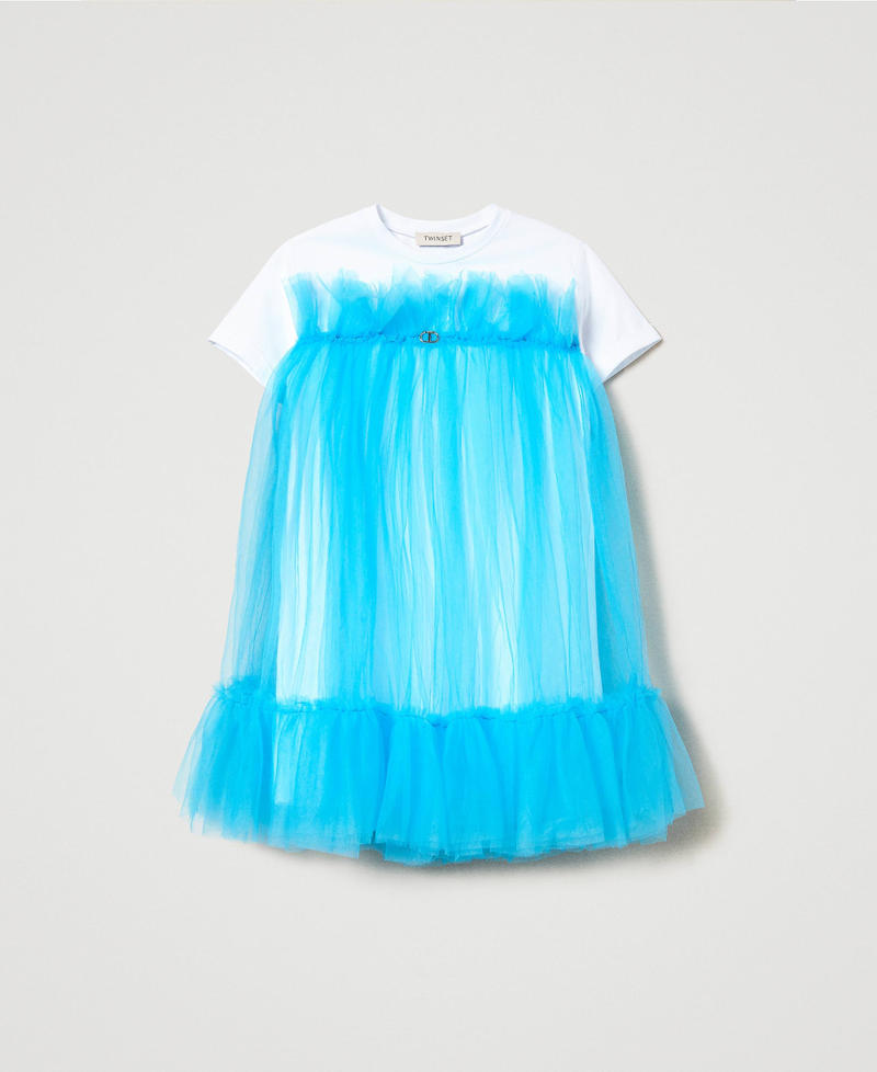 Kurzes Kleid aus Tüll mit Rundhalsausschnitt Zweifarbig Lucent White / Iceland Blue Mädchen 241GJ2Q1C-0S