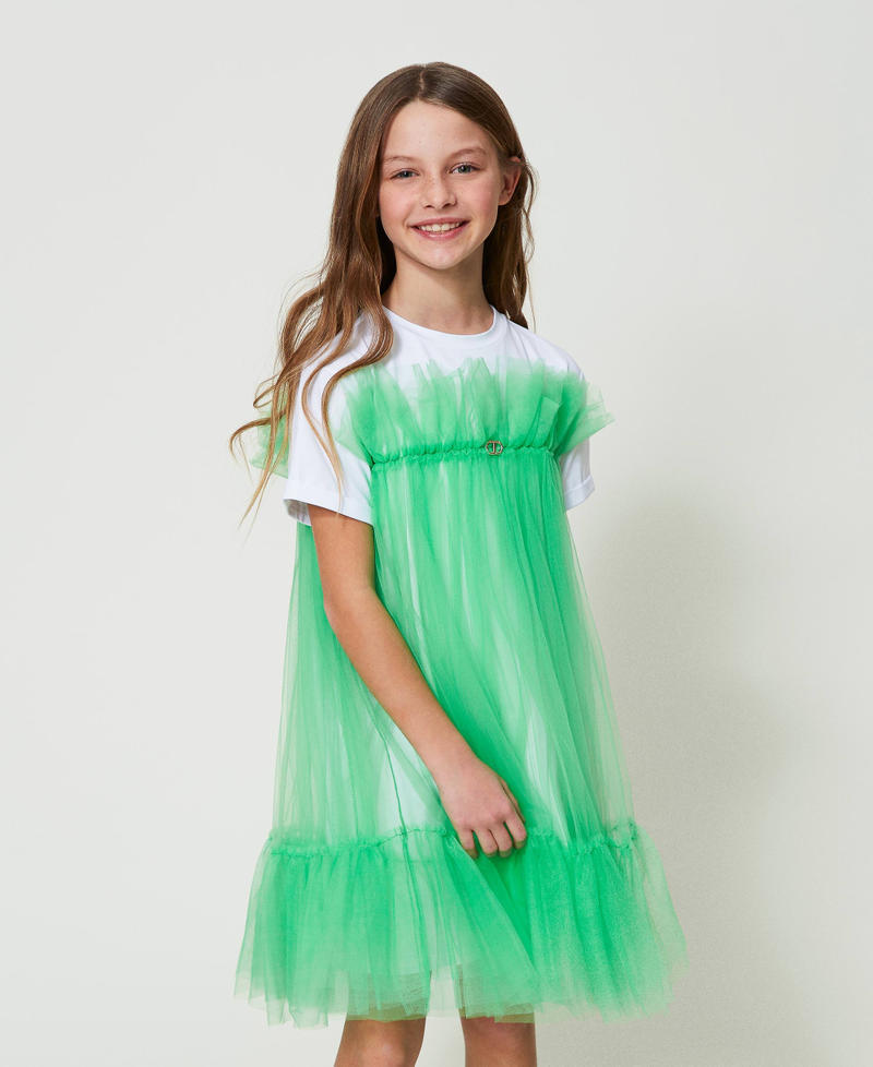 Short tulle crew neck dress Two-tone &ldquo;Lucent White&rdquo; / "Four-Leaf Clover&rdquo; Green Girl 241GJ2Q1C_11382_01