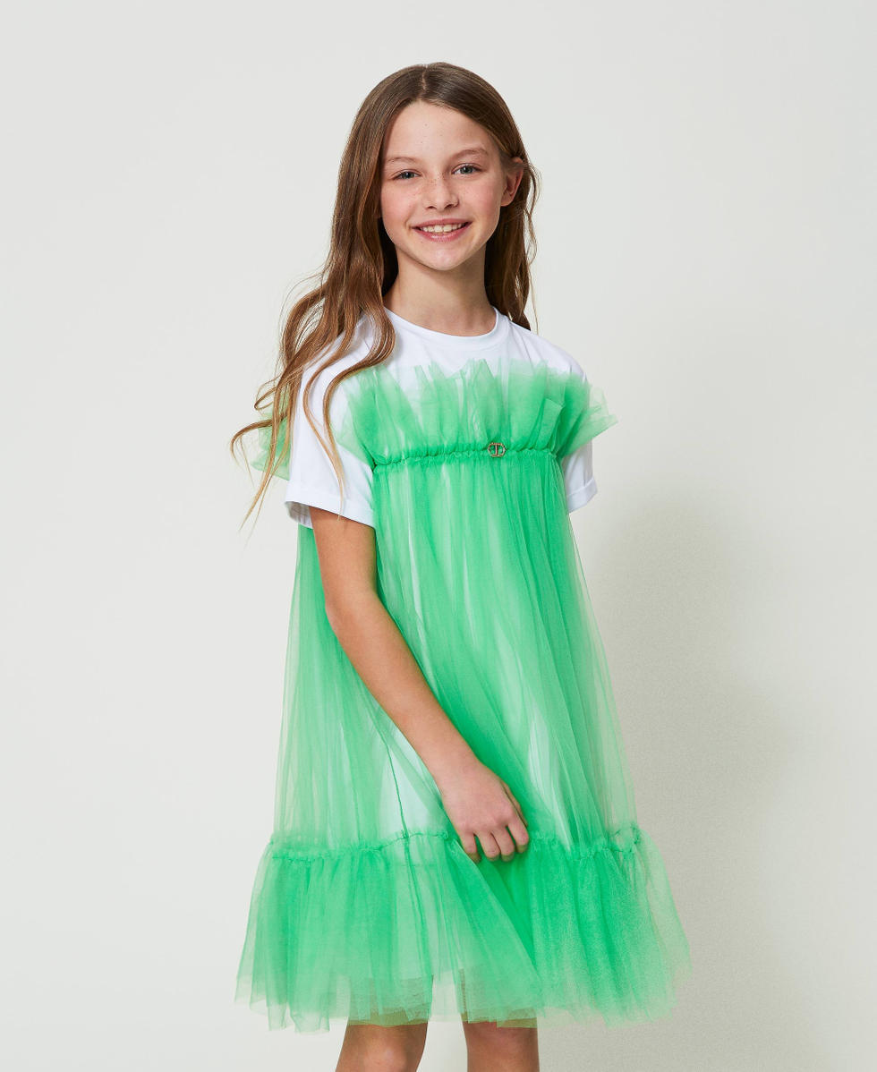 Abito corto girocollo in tulle Bicolor Bianco "Lucent White" / Verde "Quadrifoglio" Bambina 241GJ2Q1C_11382_01