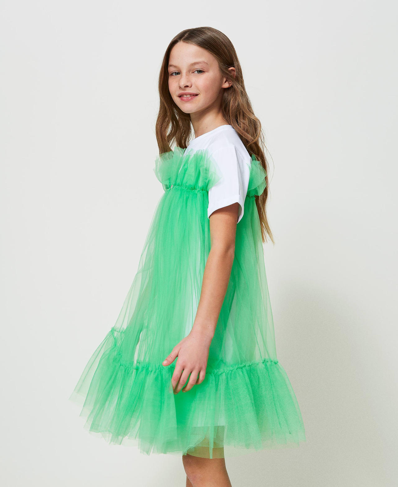 Short tulle crew neck dress Two-tone &ldquo;Lucent White&rdquo; / "Four-Leaf Clover&rdquo; Green Girl 241GJ2Q1C_11382_02
